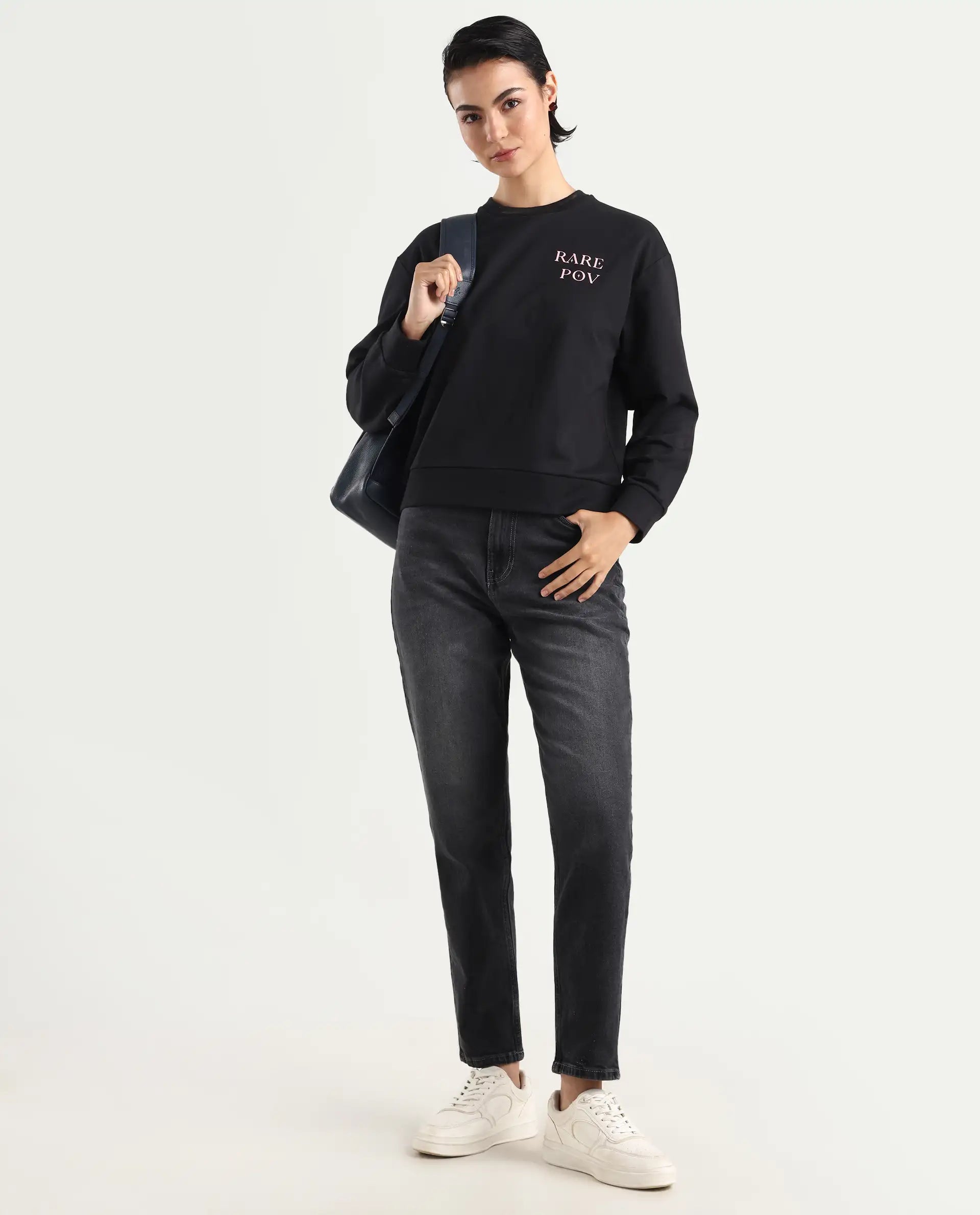 Rareism Women's Swoze Black Cotton Blend Crew Neck Graphic Print Relaxed Fit Sweatshirt