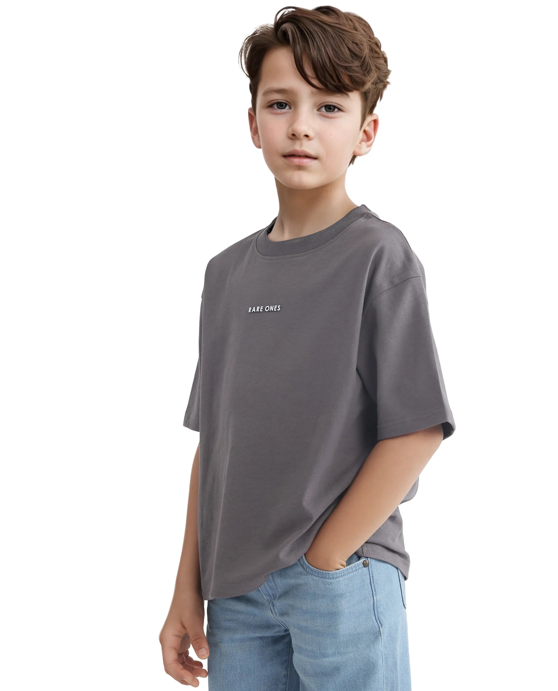 Rare Ones Kids Swyft Dark Grey Cotton Half Sleeve Slip-On Printed Boxy Fit T-Shirt