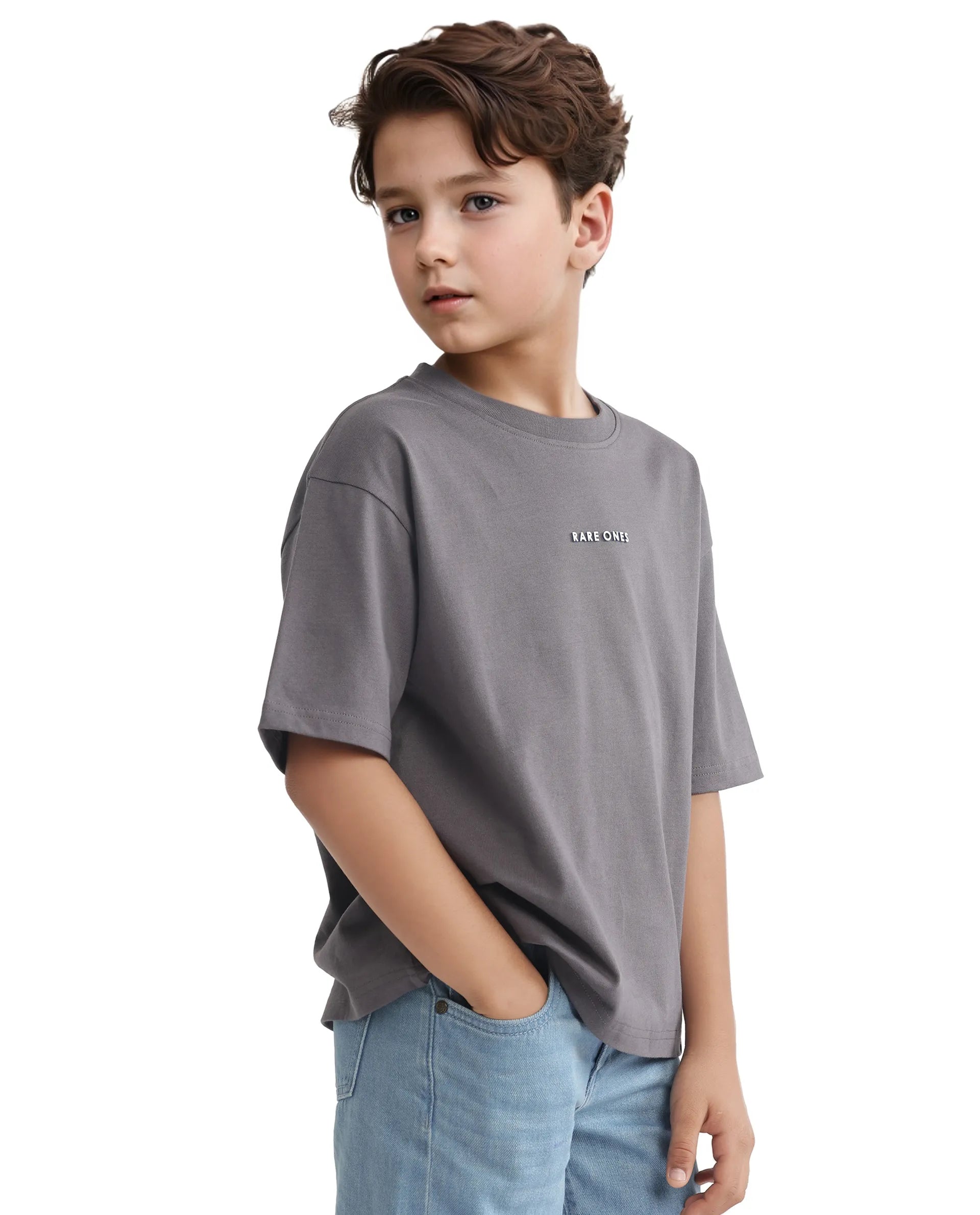 Rare Ones Kids Swyft Dark Grey Cotton Half Sleeve Slip-On Printed Boxy Fit T-Shirt