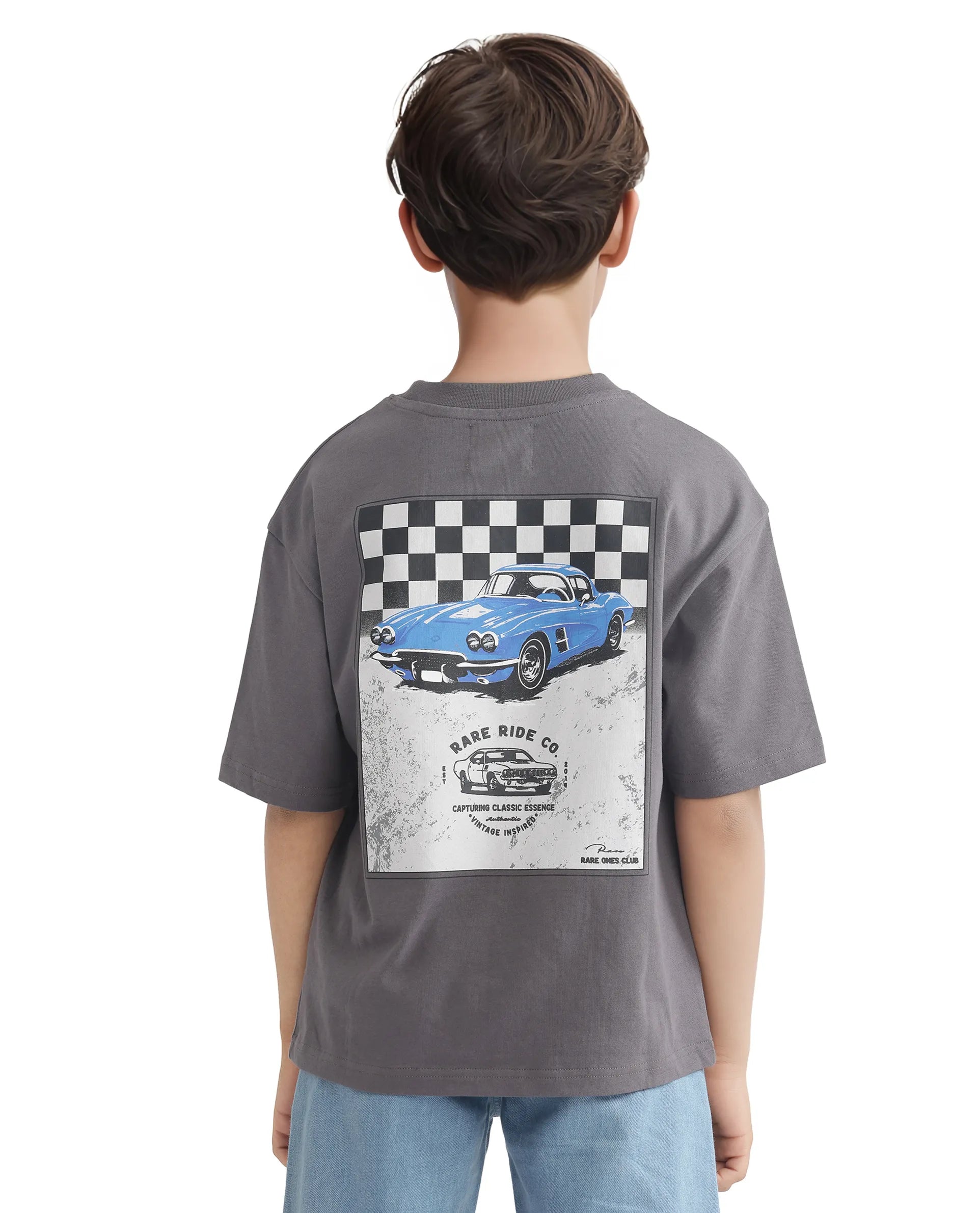 Rare Ones Kids Swyft Dark Grey Cotton Half Sleeve Slip-On Printed Boxy Fit T-Shirt