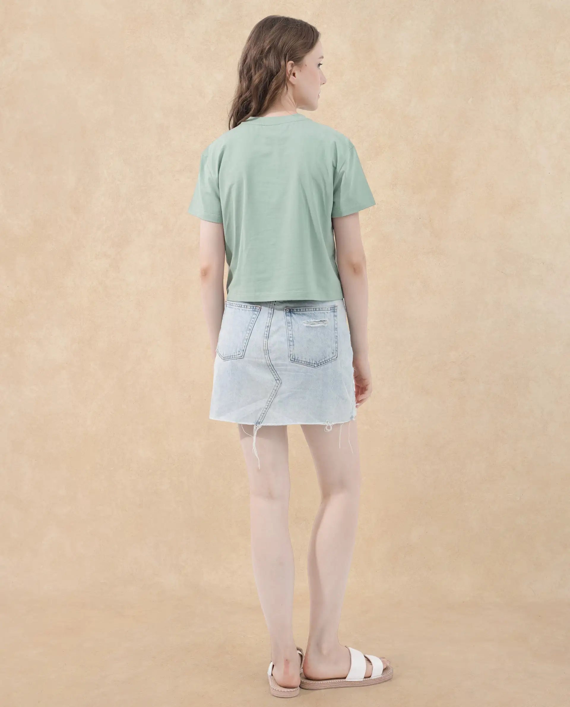 Rareism Women Sydent Green Cotton Elastane Fabric Crew Neck Knit Solid T-Shirt