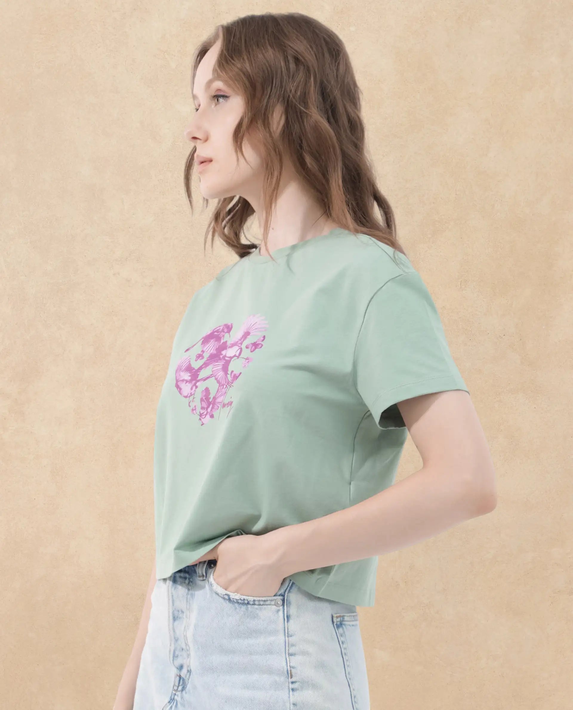 Rareism Women Sydent Green Cotton Elastane Fabric Crew Neck Knit Solid T-Shirt