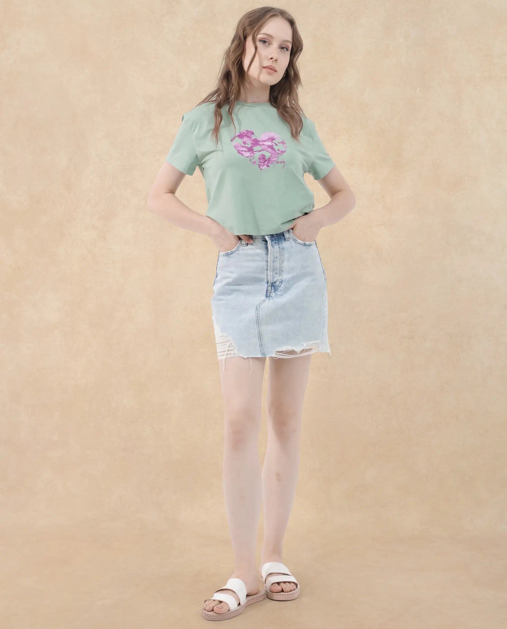 Rareism Women Sydent Green Cotton Elastane Fabric Crew Neck Knit Solid T-Shirt