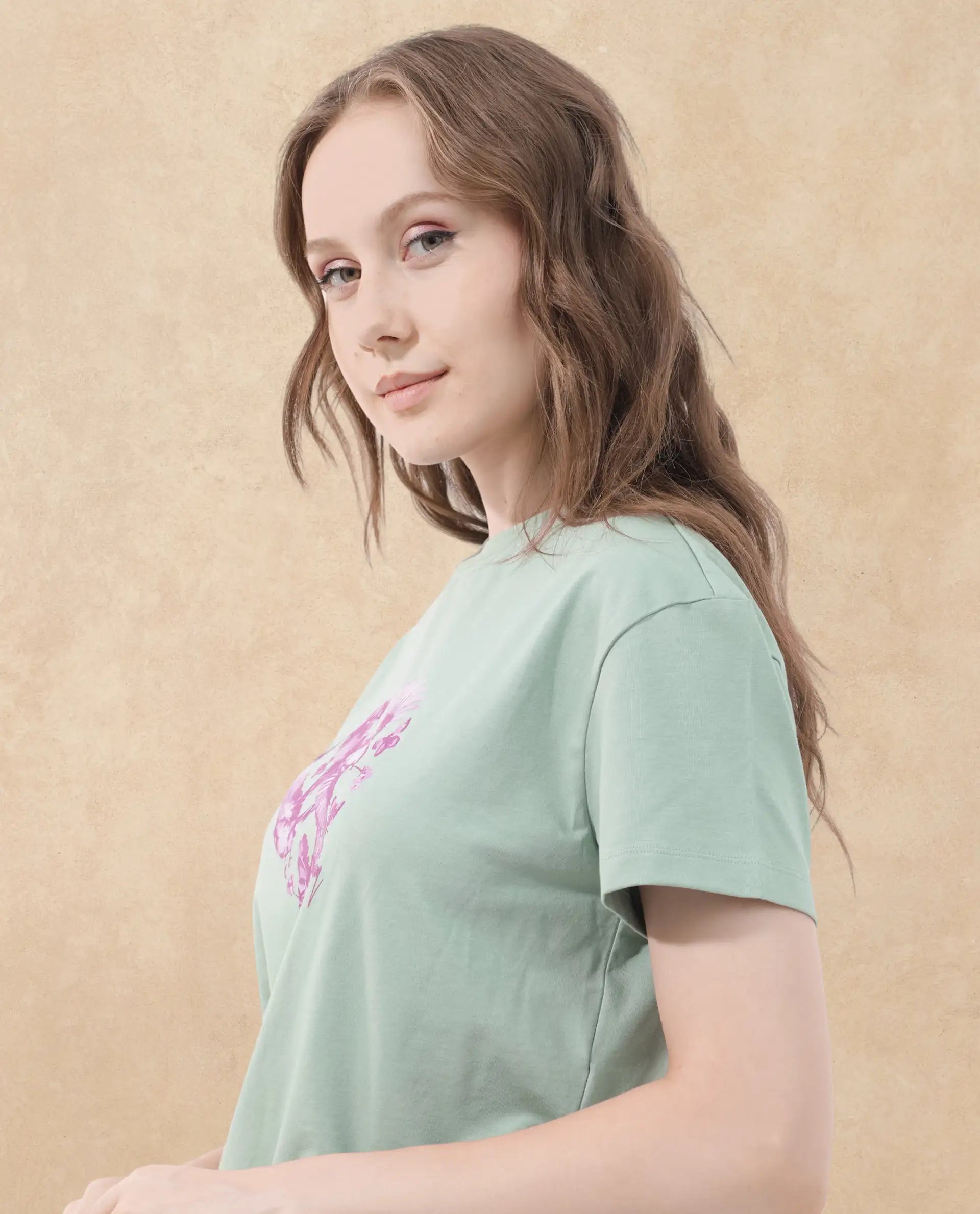 Rareism Women Sydent Green Cotton Elastane Fabric Crew Neck Knit Solid T-Shirt