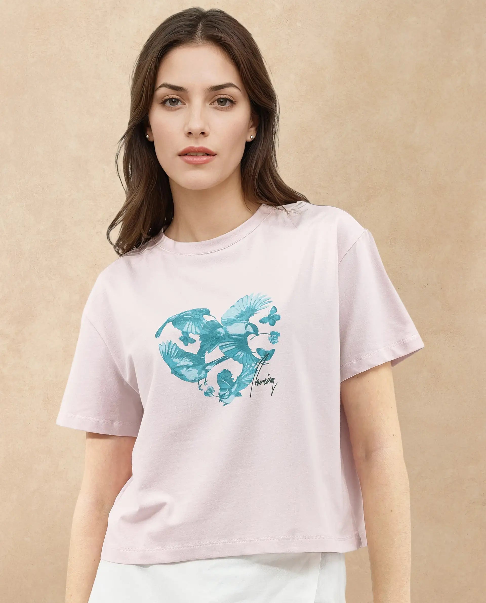 Rareism Women Sydent Pastel Pink Cotton Elastane Fabric Crew Neck Knit Solid T-Shirt