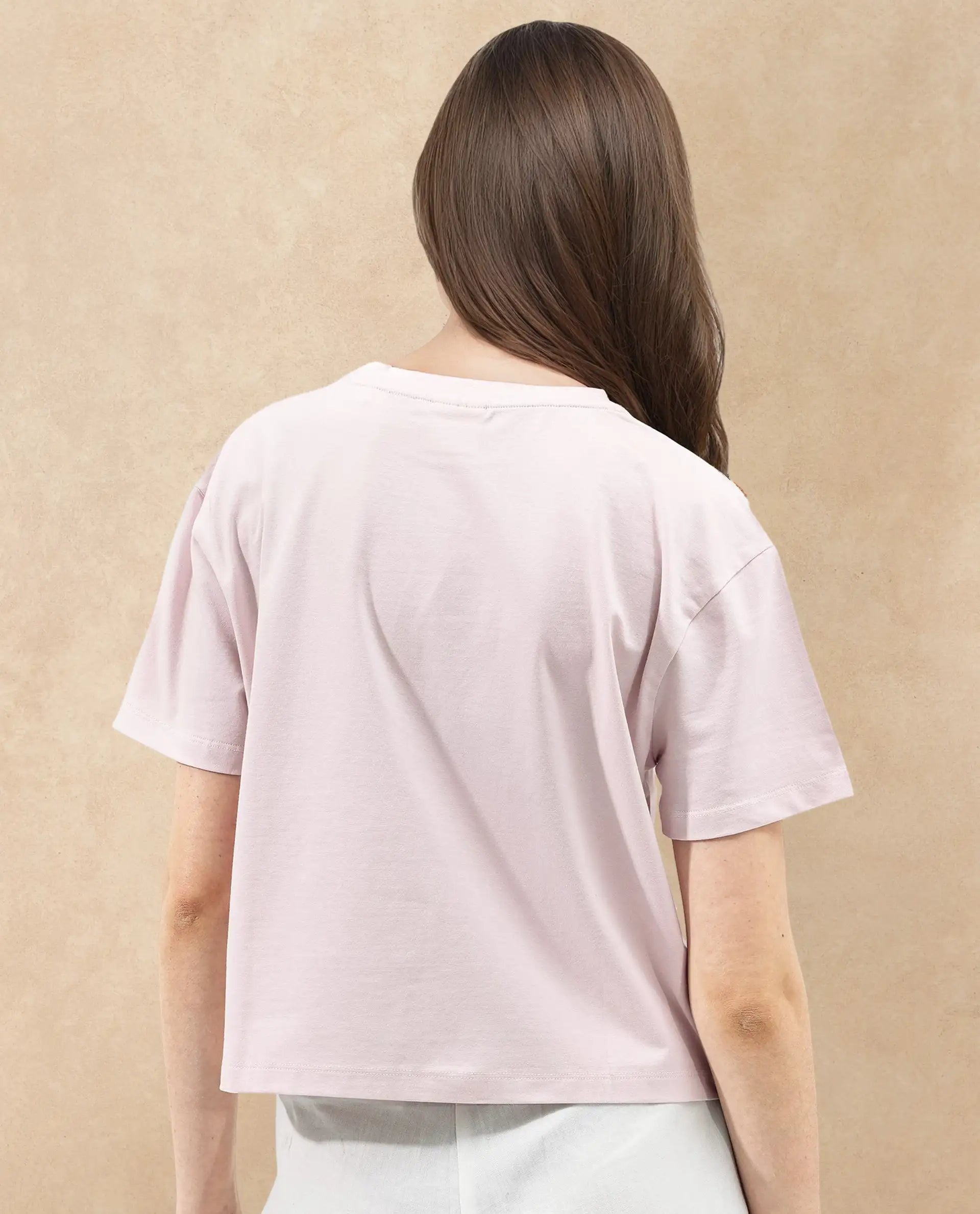 Rareism Women Sydent Pastel Pink Cotton Elastane Fabric Crew Neck Knit Solid T-Shirt