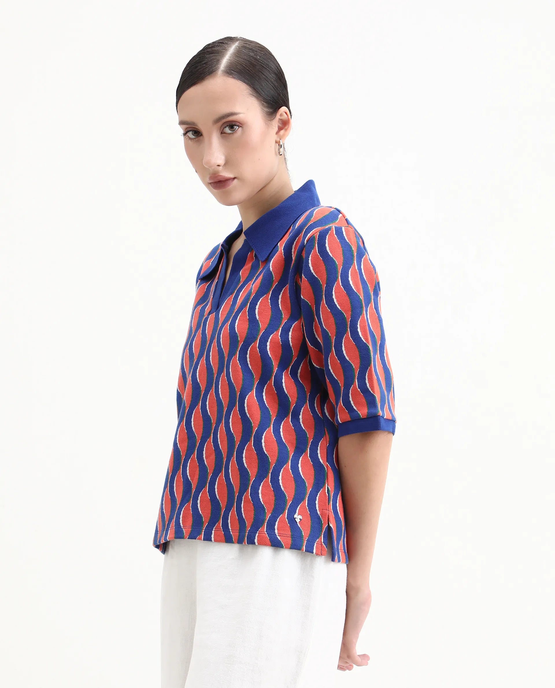 Rareism Women's Sylvi Multi Cotton Ribbed Collar Geometric Print Relaxed Fit Top