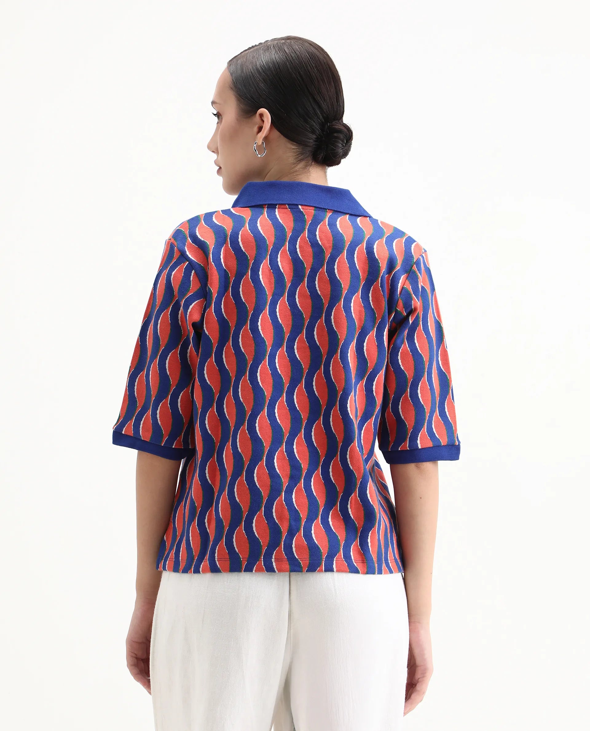 Rareism Women's Sylvi Multi Cotton Ribbed Collar Geometric Print Relaxed Fit Top