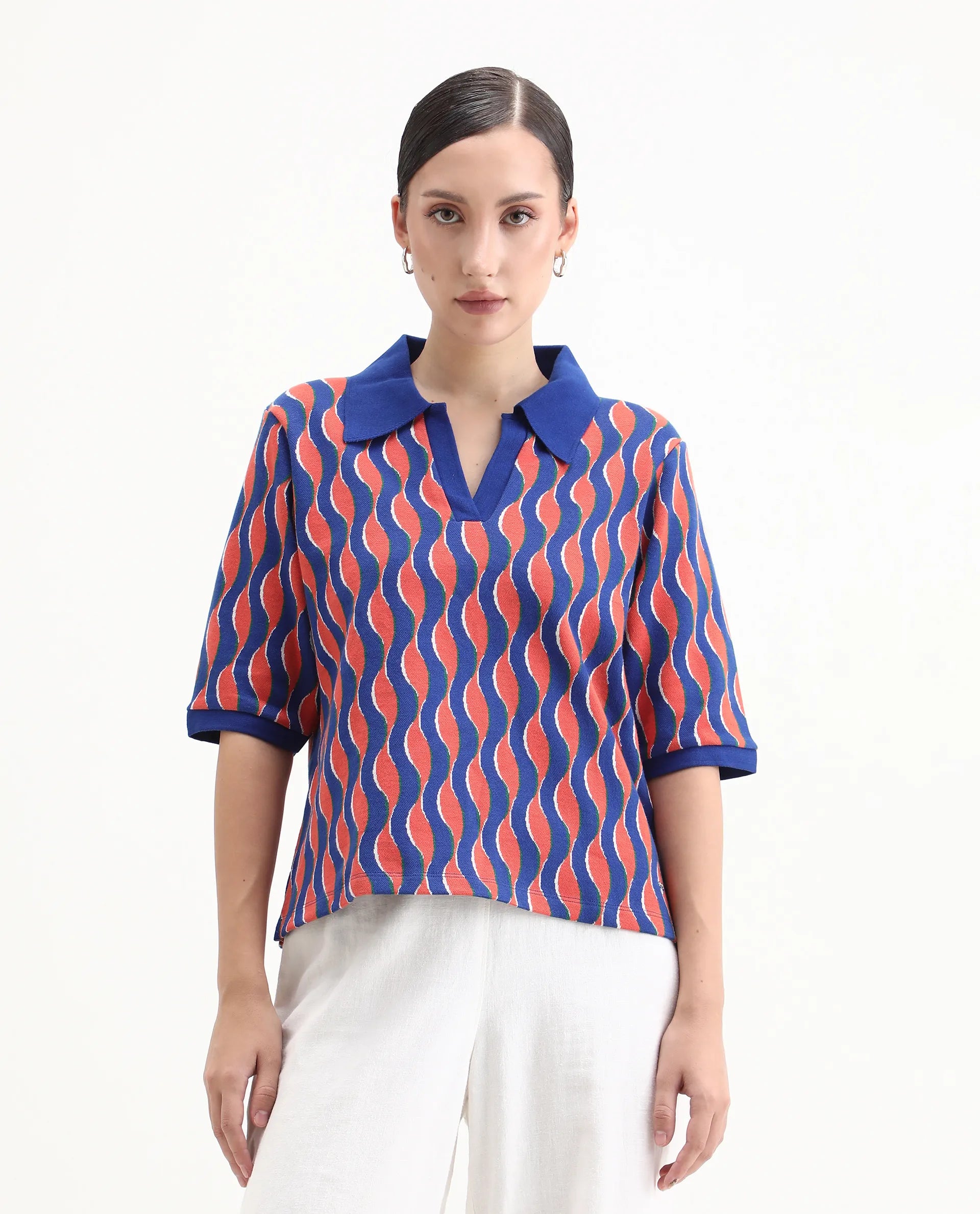 Rareism Women's Sylvi Multi Cotton Ribbed Collar Geometric Print Relaxed Fit Top