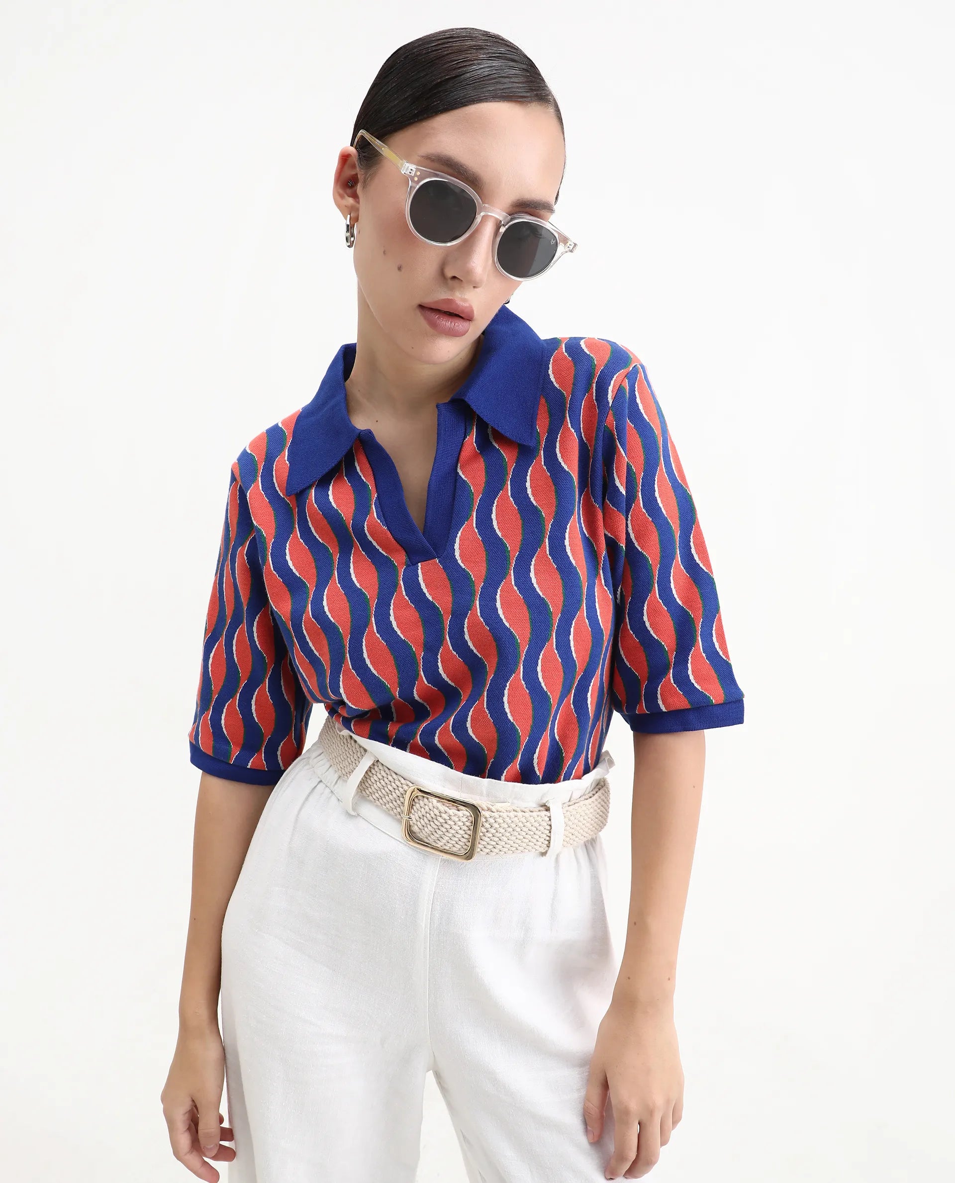 Rareism Women's Sylvi Multi Cotton Ribbed Collar Geometric Print Relaxed Fit Top