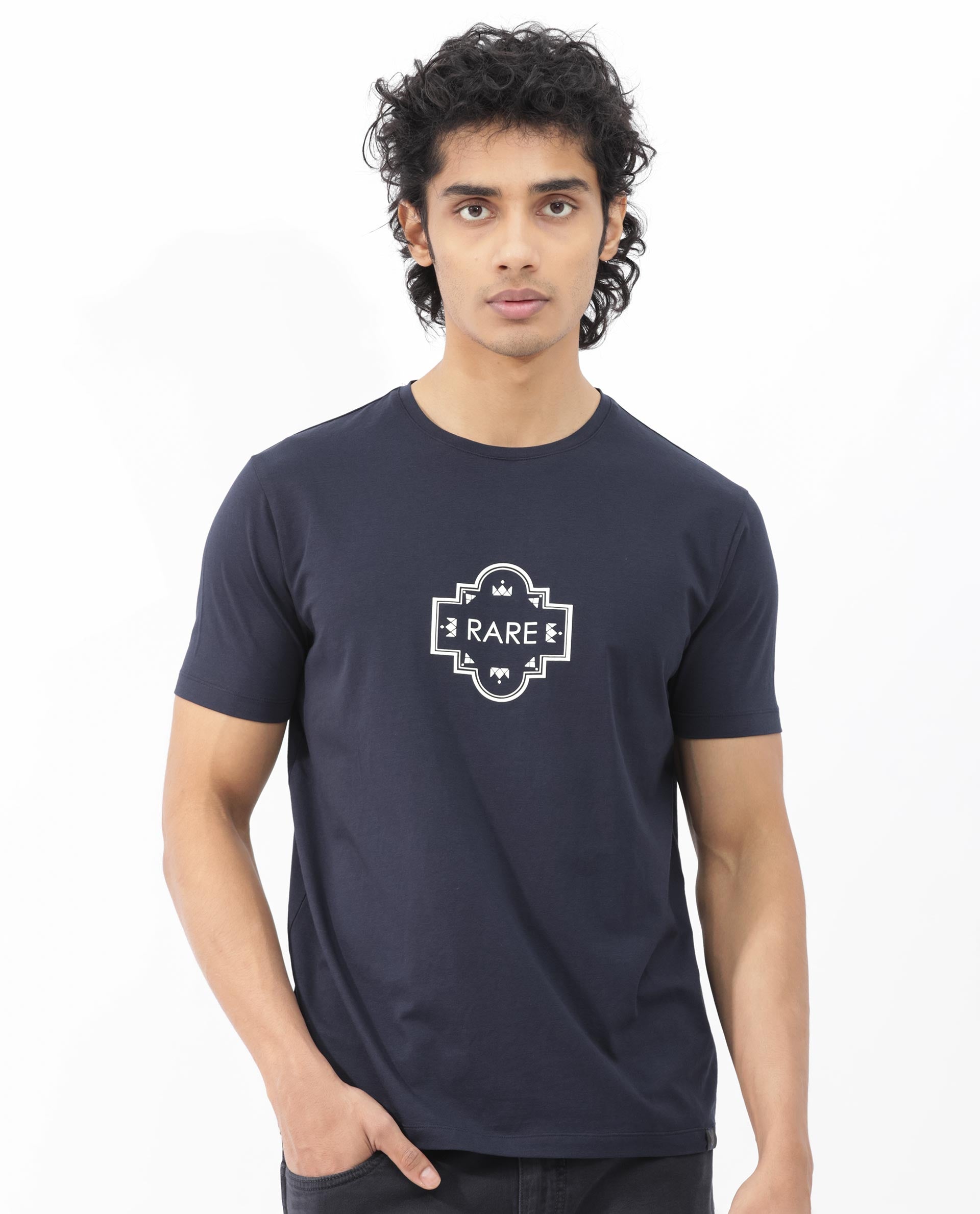 Rare Rabbit Men's Syrus Navy Cotton Lycra Fabric Half Sleeves Graphic Print T-Shirt