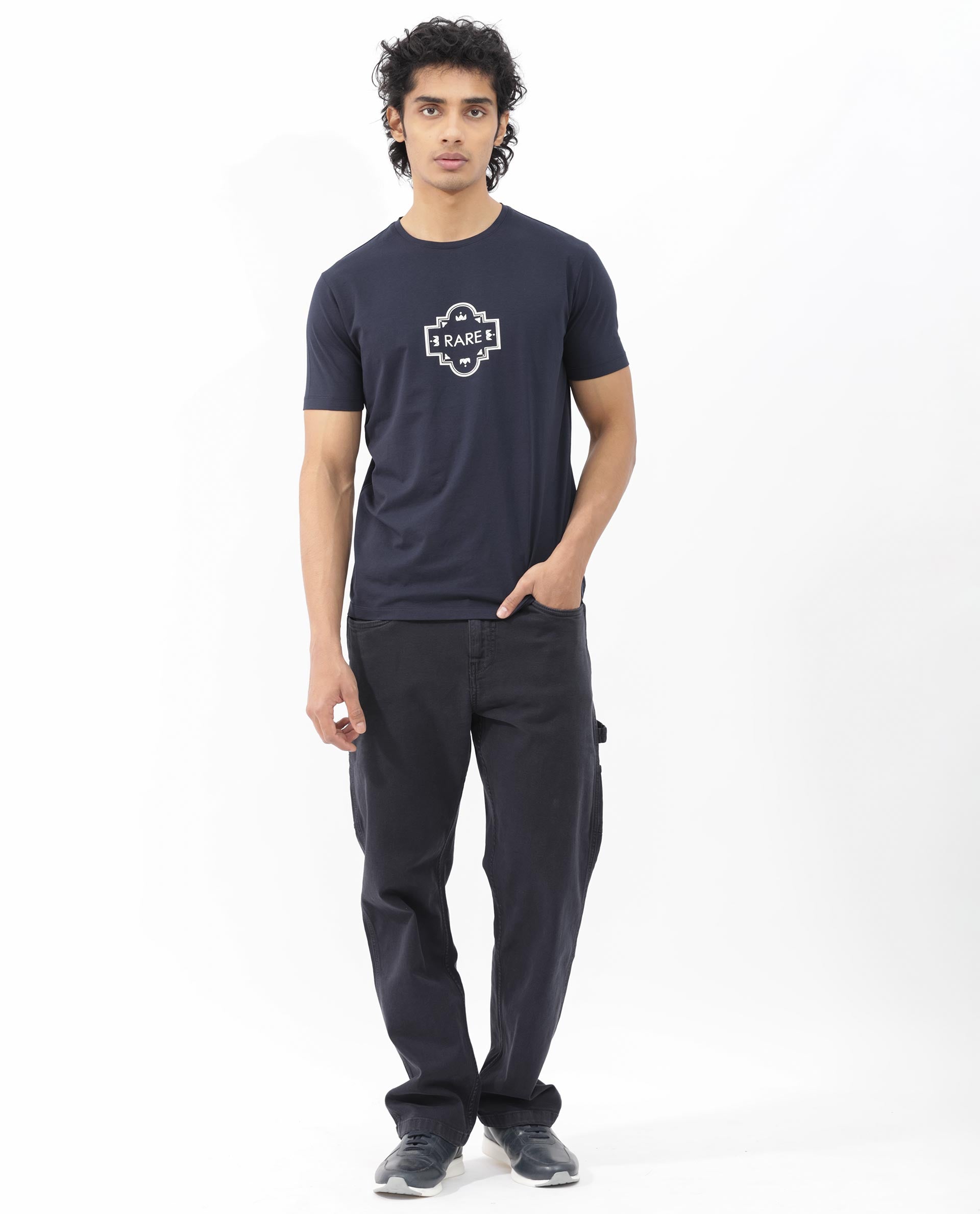 Rare Rabbit Men's Syrus Navy Cotton Lycra Fabric Half Sleeves Graphic Print T-Shirt