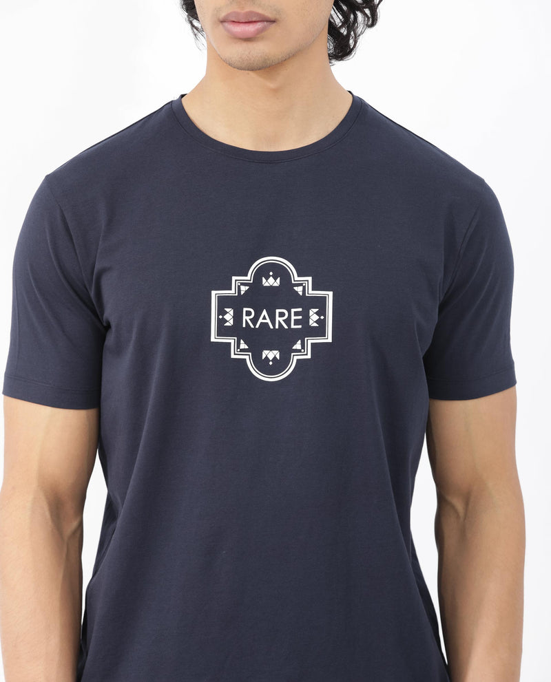 Rare Rabbit Men's Syrus Navy Cotton Lycra Fabric Half Sleeves Graphic Print T-Shirt