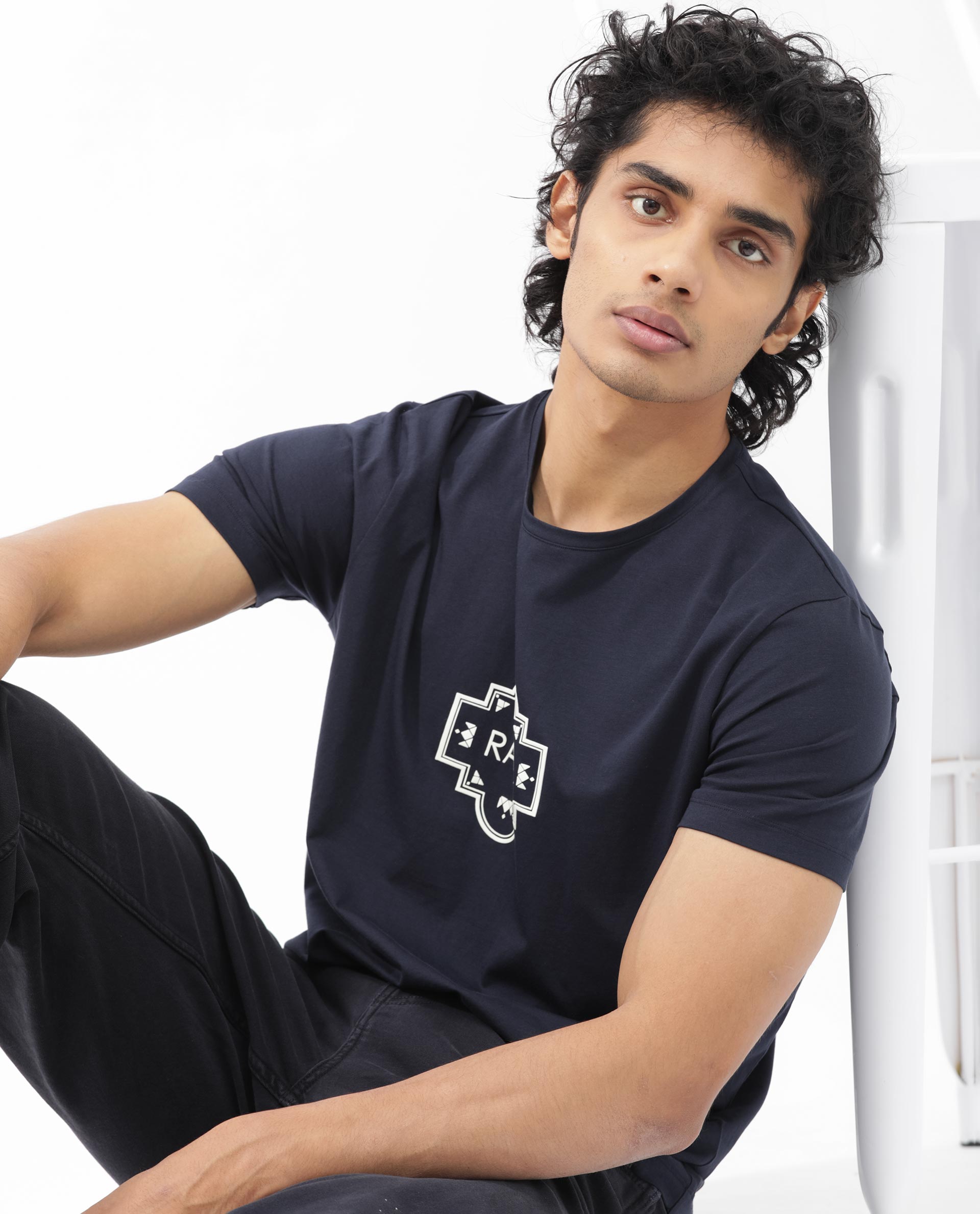 Rare Rabbit Men's Syrus Navy Cotton Lycra Fabric Half Sleeves Graphic Print T-Shirt