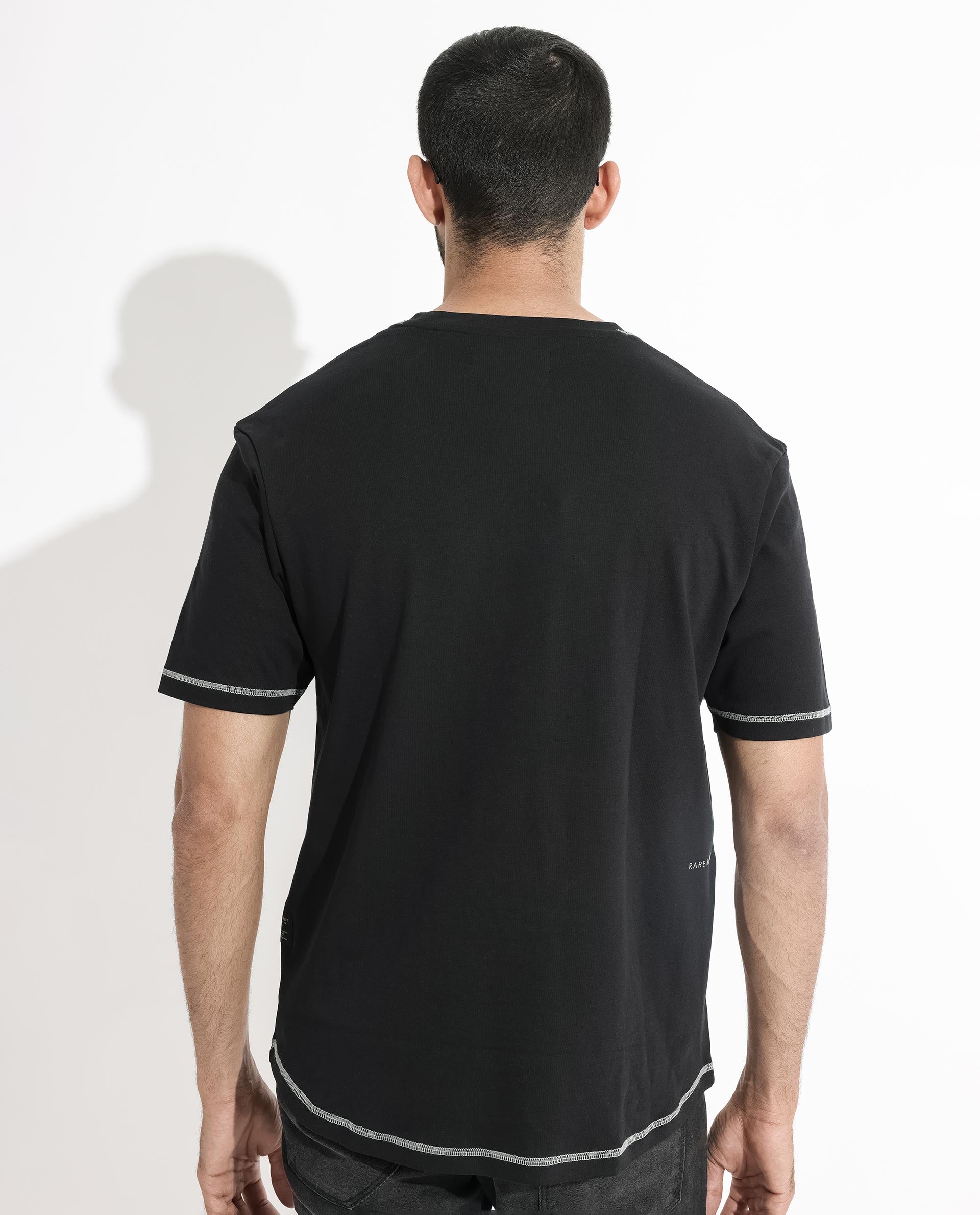 Rare Rabbit Men's Sable Black Crew Neck Half Sleeves Drop Shoulder With Contrast Overstitch Boxy Fit Solid T-Shirt