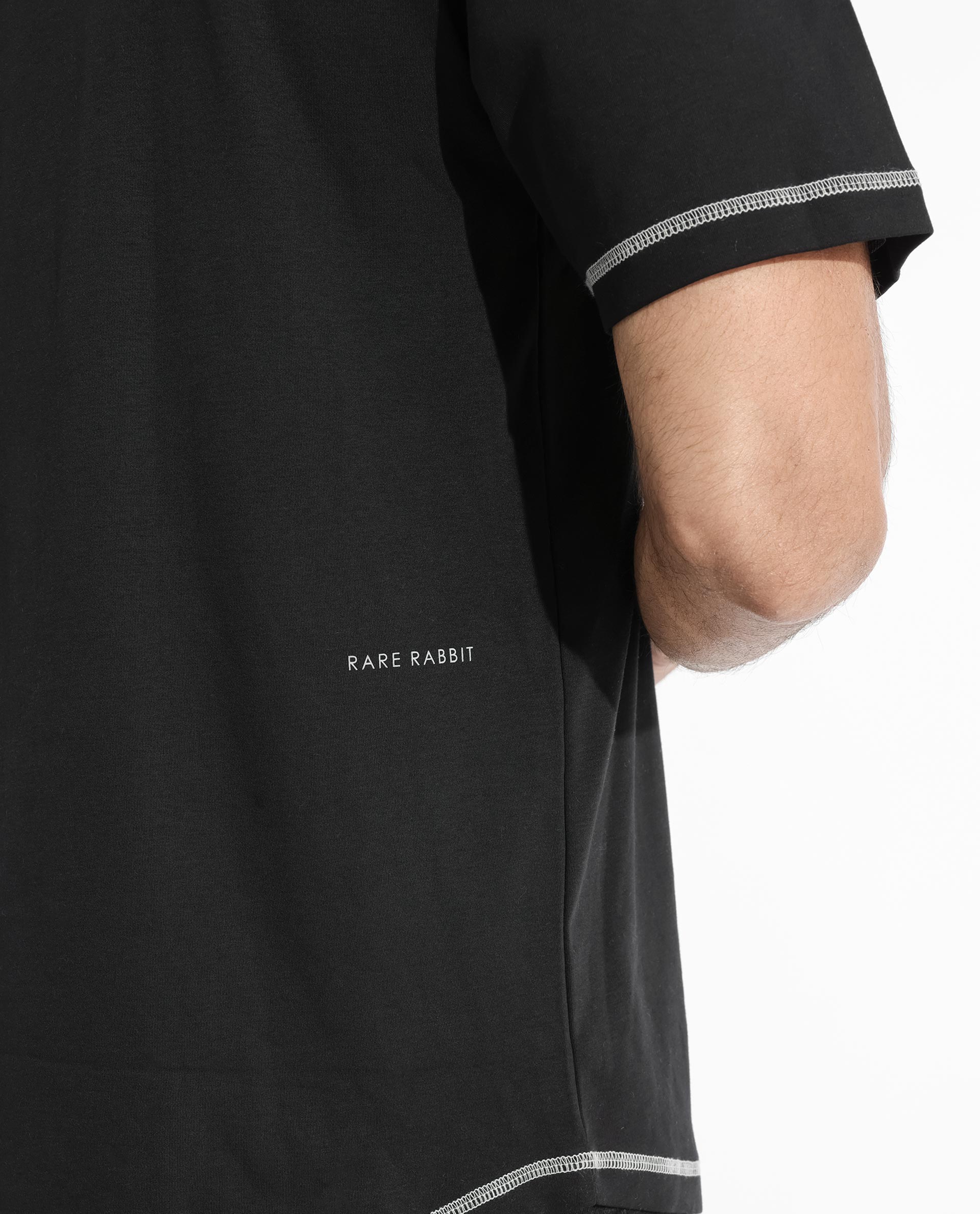 Rare Rabbit Men's Sable Black Crew Neck Half Sleeves Drop Shoulder With Contrast Overstitch Boxy Fit Solid T-Shirt