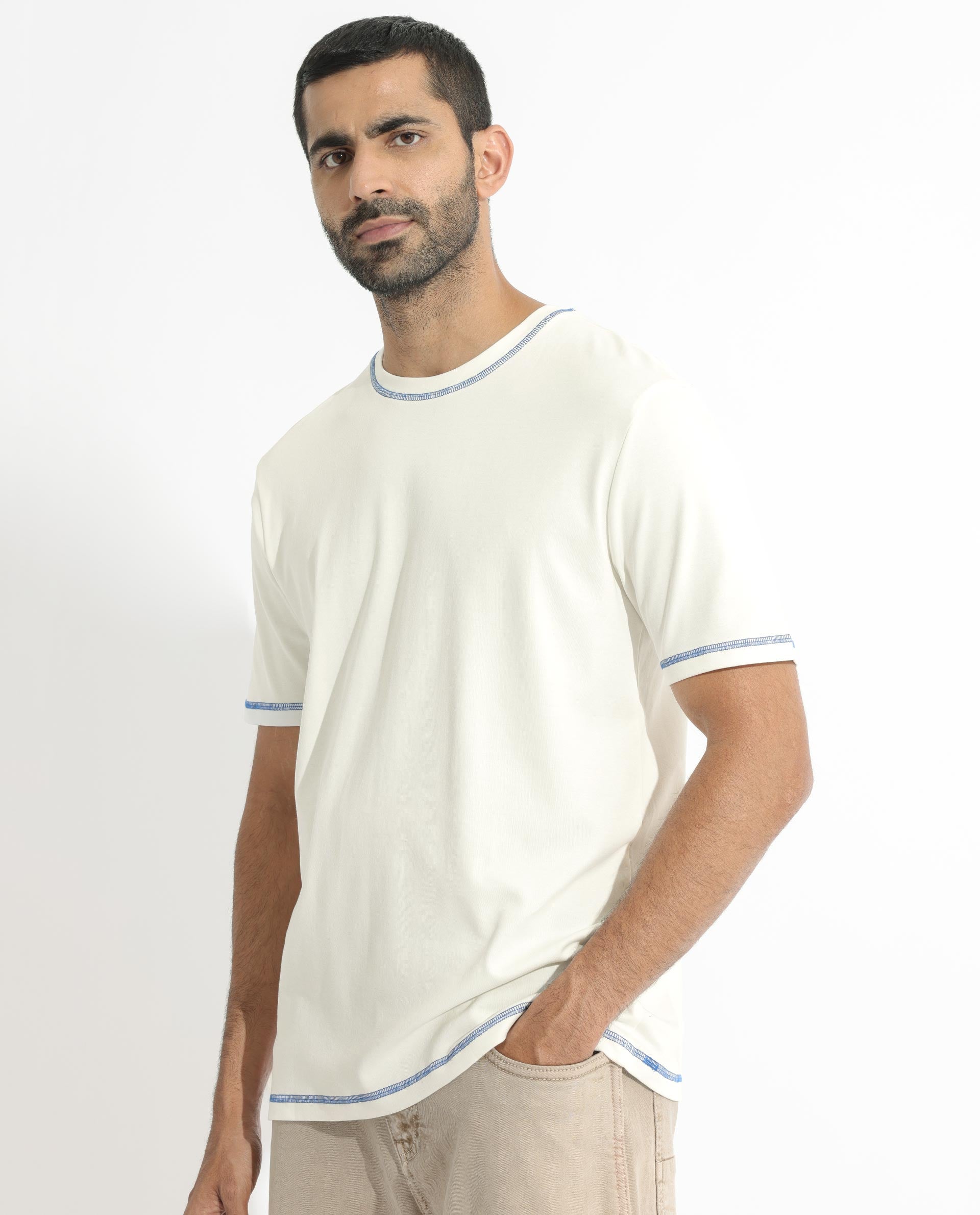 Rare Rabbit Men's Sable Off-White Crew Neck Half Sleeves Drop Shoulder With Contrast Overstitch Boxy Fit Solid T-Shirt