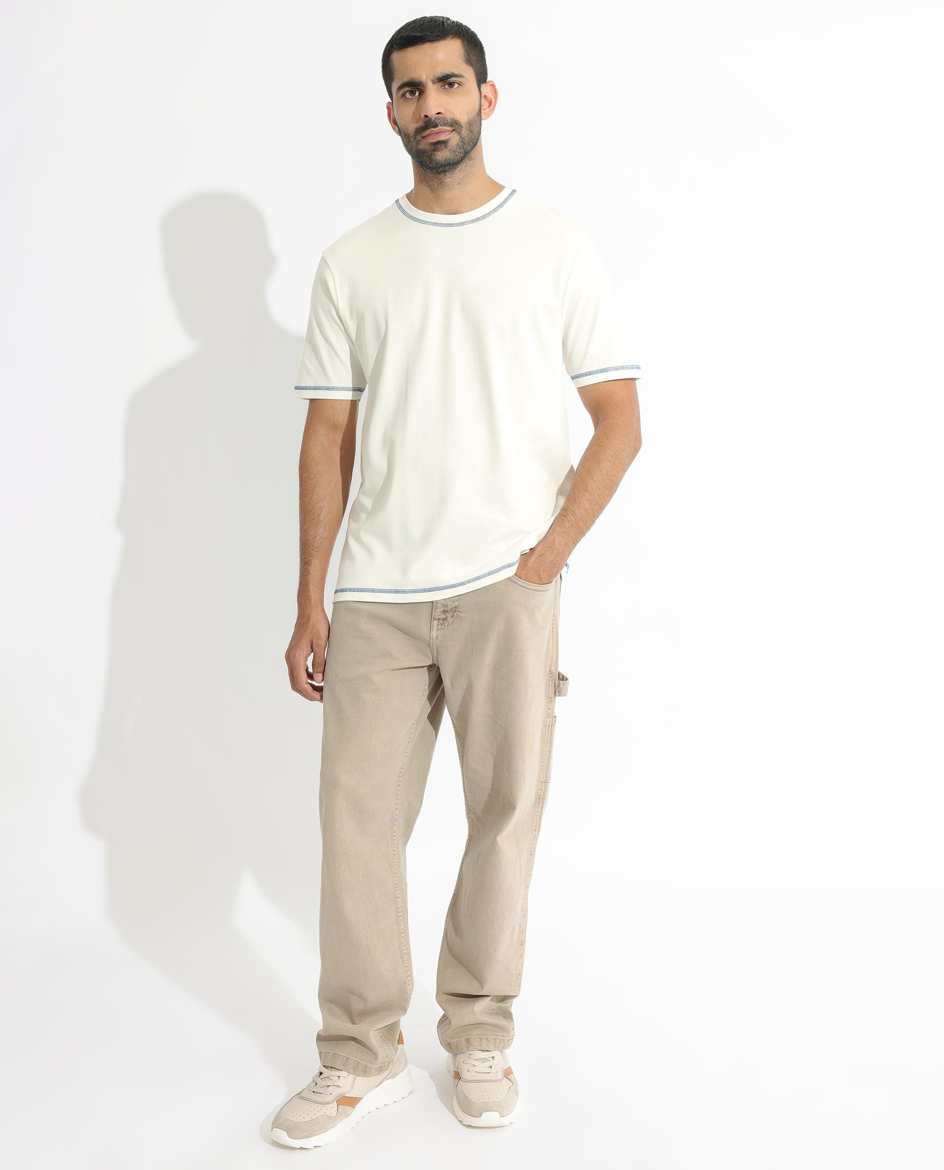 Rare Rabbit Men's Sable Off-White Crew Neck Half Sleeves Drop Shoulder With Contrast Overstitch Boxy Fit Solid T-Shirt