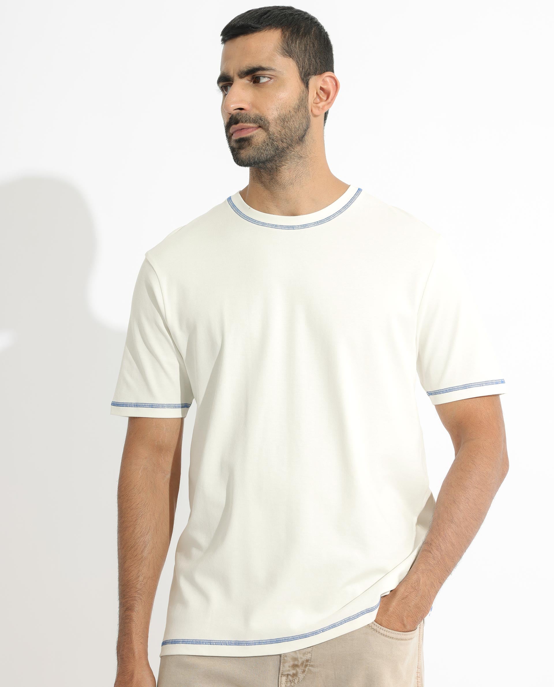 Rare Rabbit Men's Sable Off-White Crew Neck Half Sleeves Drop Shoulder With Contrast Overstitch Boxy Fit Solid T-Shirt