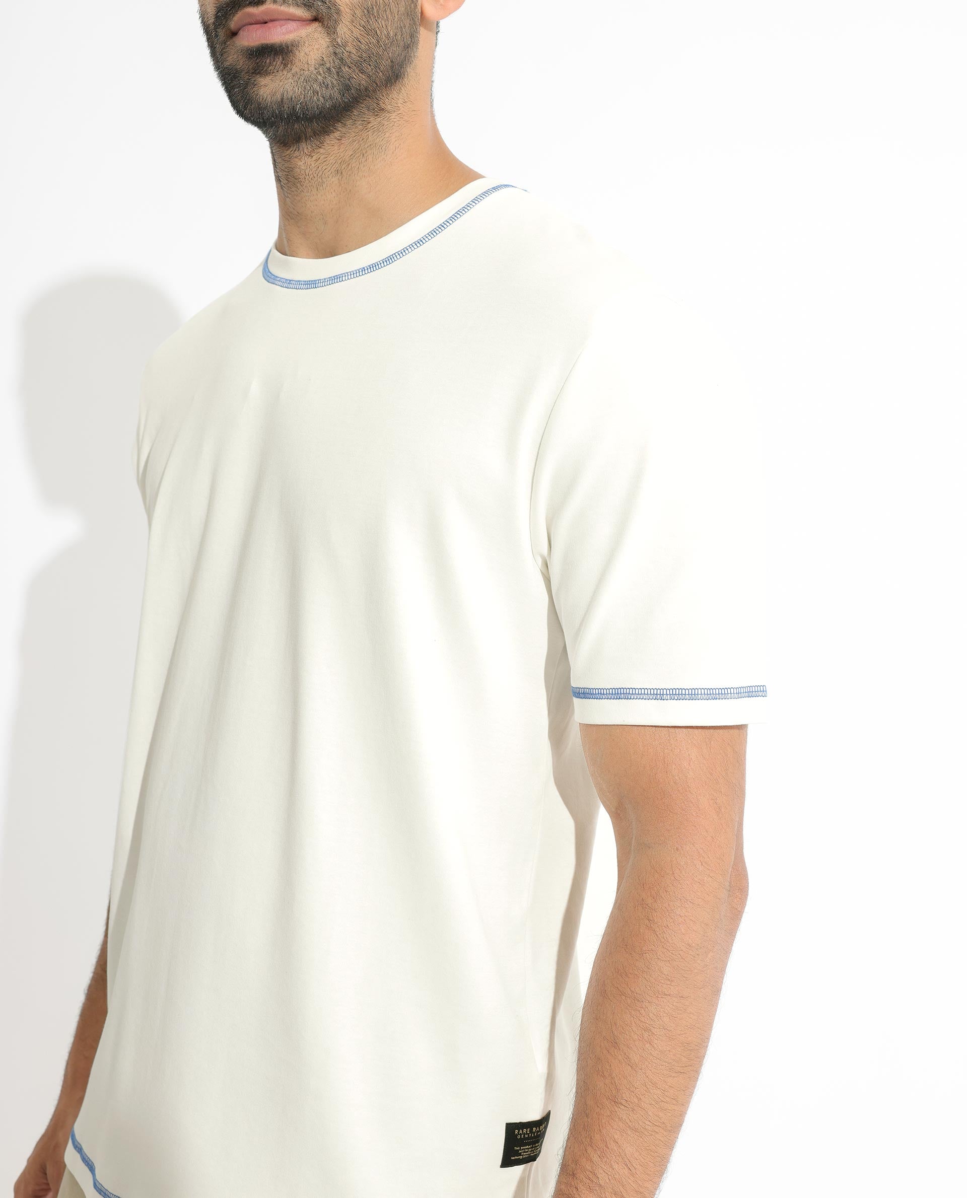 Rare Rabbit Men's Sable Off-White Crew Neck Half Sleeves Drop Shoulder With Contrast Overstitch Boxy Fit Solid T-Shirt