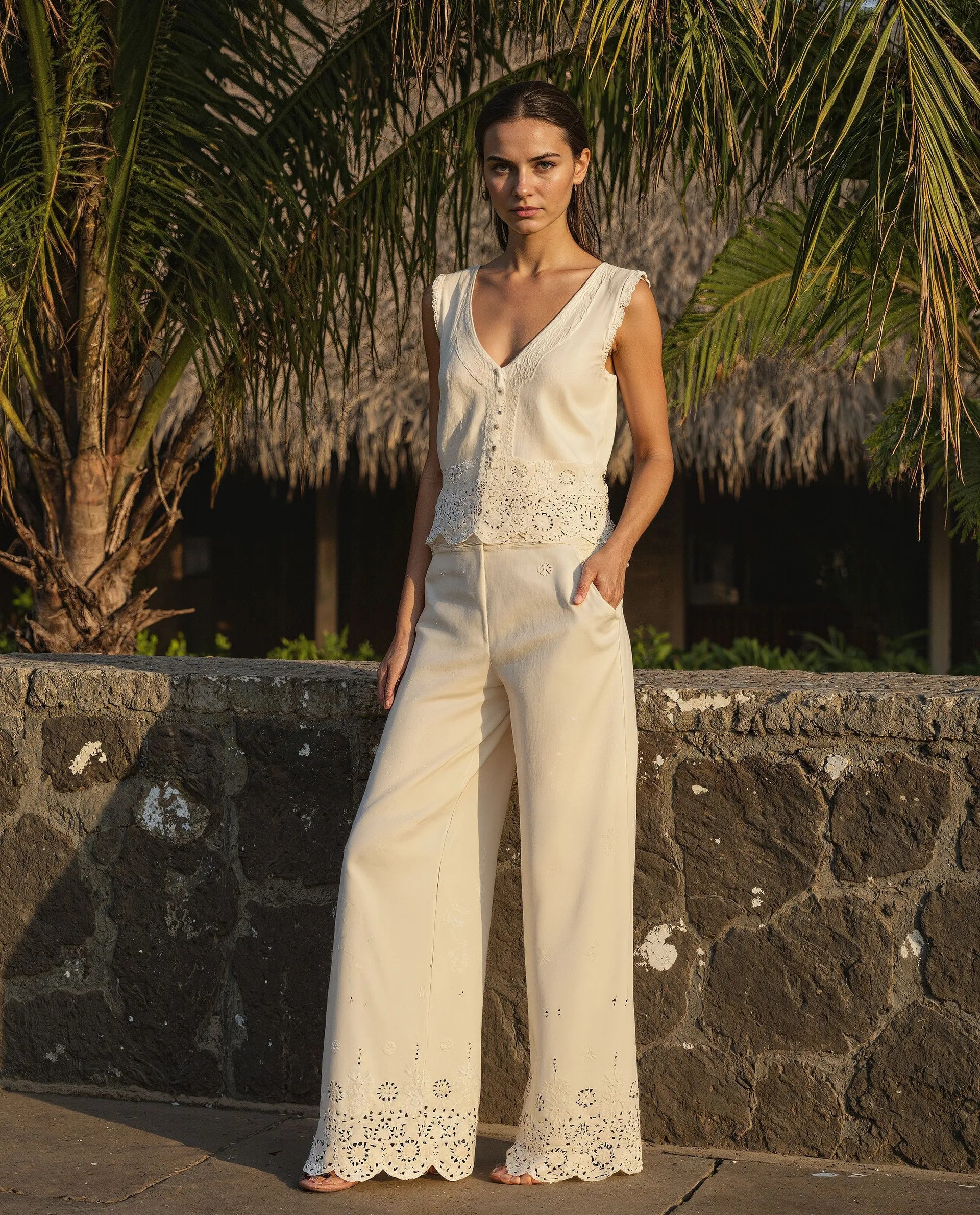 Rareism Women's Somse B Beige Cotton Plain Ankle Length Straight Fit Trouser