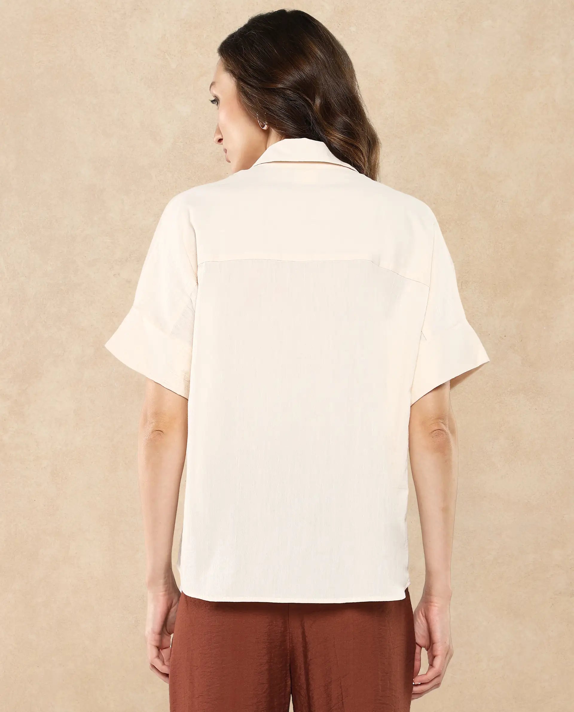 Rareism Women Tabsco Light Off White Short Sleeve Lapel Neck Button Closure Plain Shirt