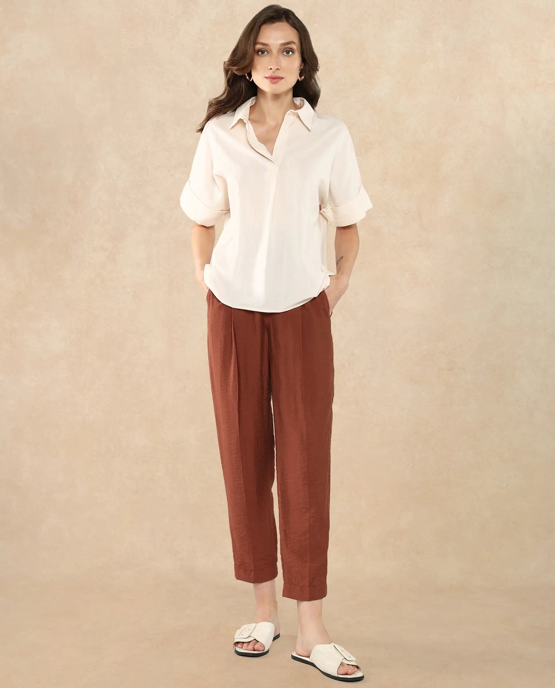 Rareism Women Tabsco Light Off White Short Sleeve Lapel Neck Button Closure Plain Shirt