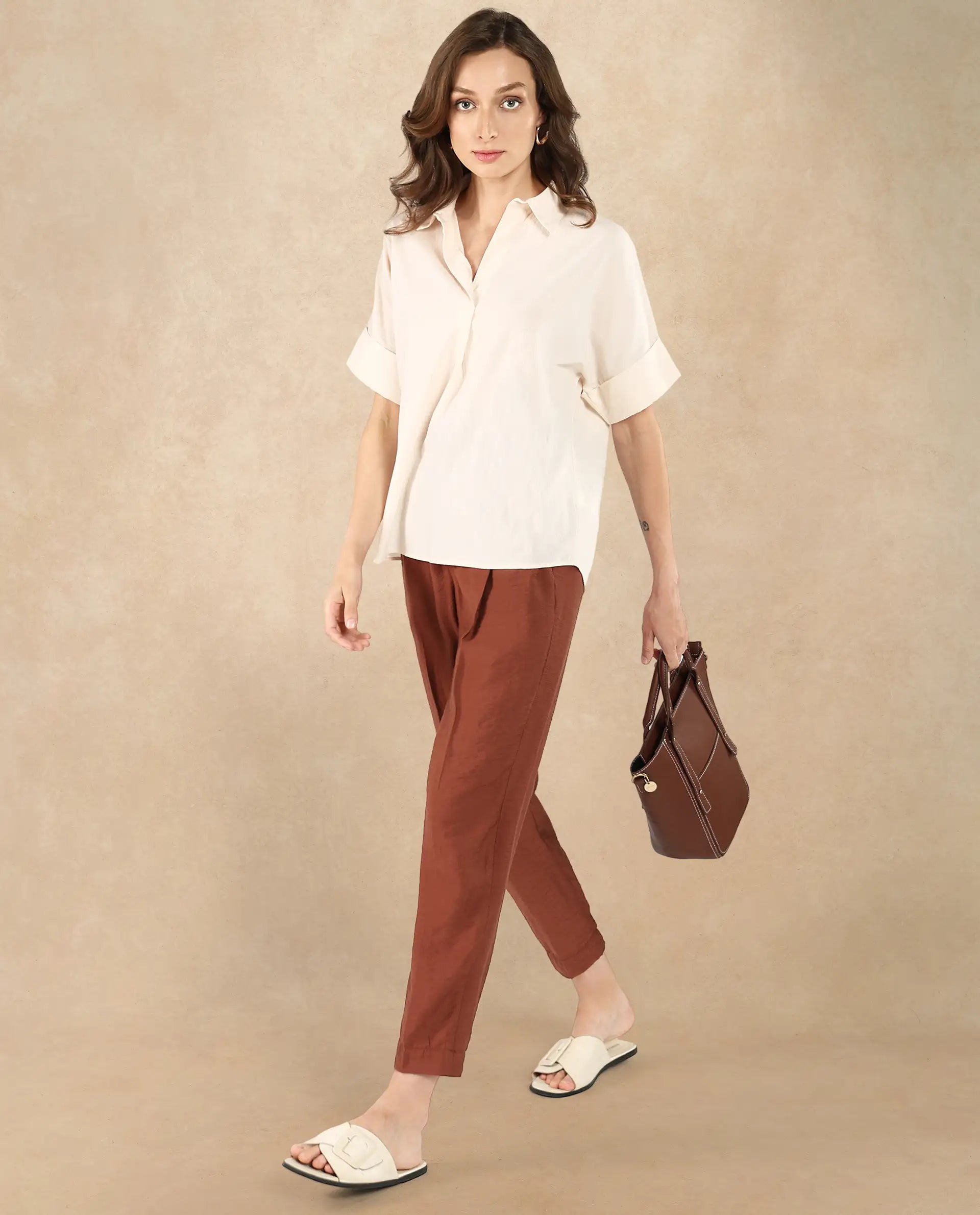 Rareism Women Tabsco Light Off White Short Sleeve Lapel Neck Button Closure Plain Shirt