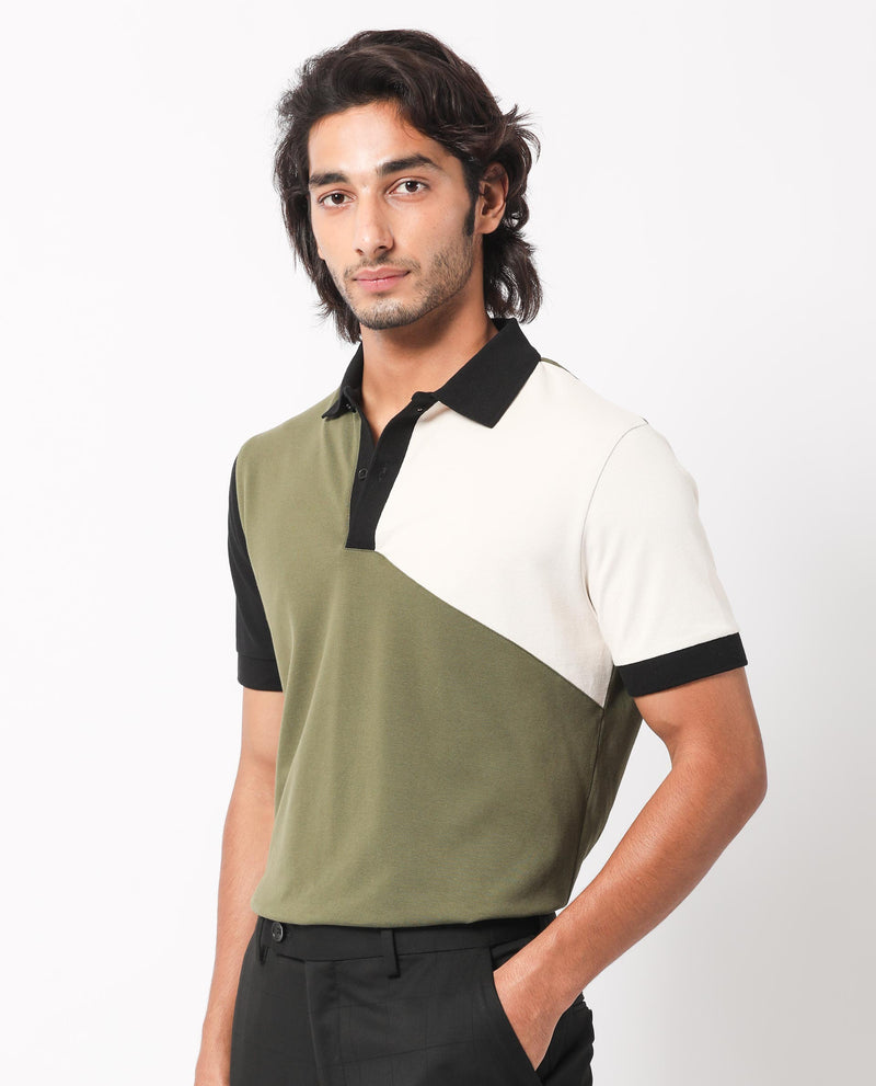 Rare Rabbit Men's Tachou Light Olive Cotton Fabric Collared Neck Half Sleeves Dual Tone Polo T-Shirt