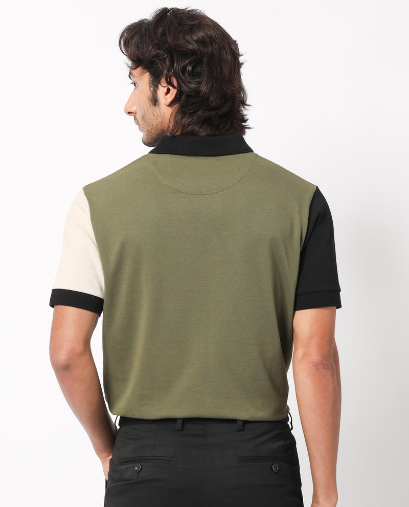Rare Rabbit Men's Tachou Light Olive Cotton Fabric Collared Neck Half Sleeves Dual Tone Polo T-Shirt