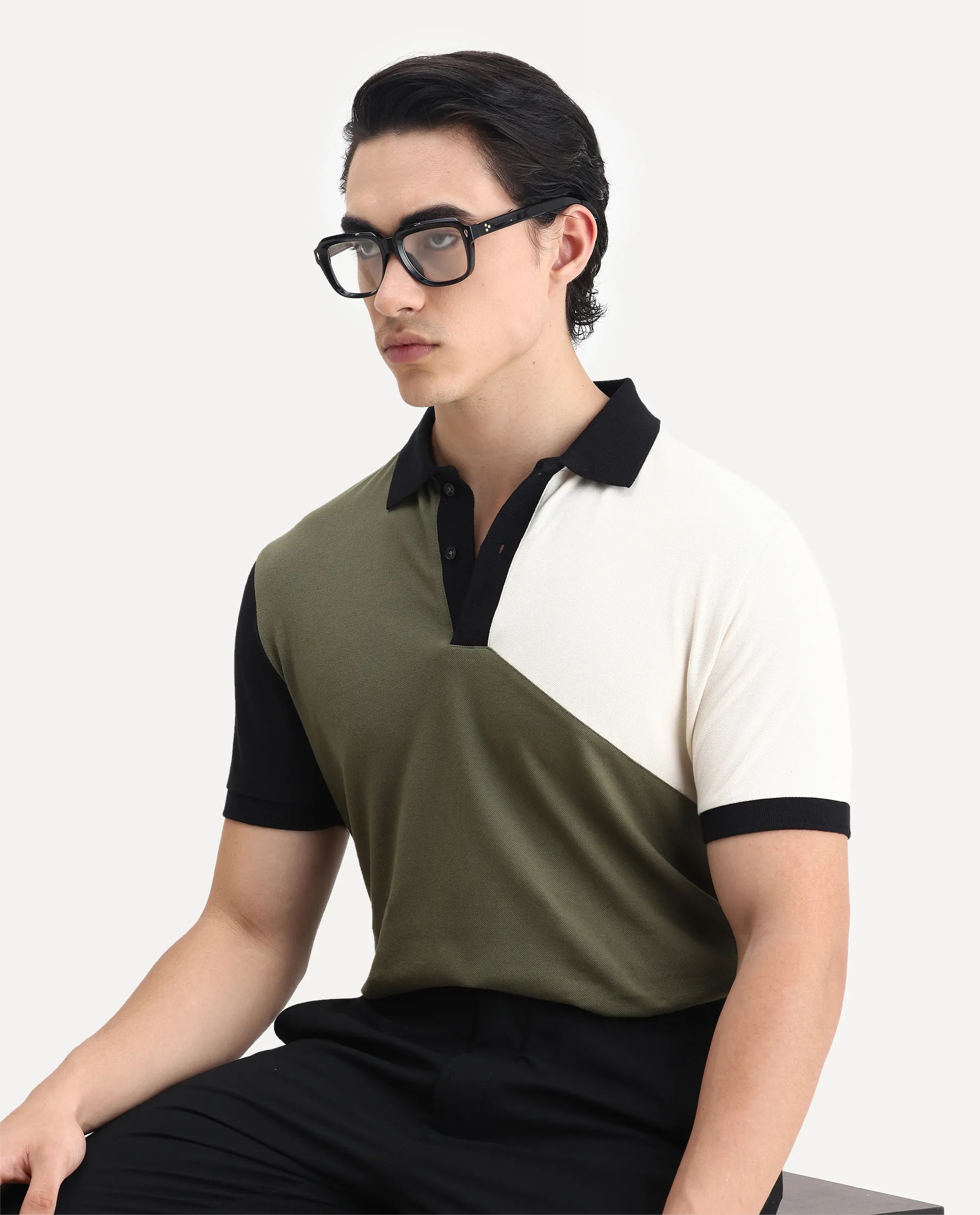 Rare Rabbit Men's Tachou Light Olive Cotton Ombre Regular Fit Half Sleeve Polo