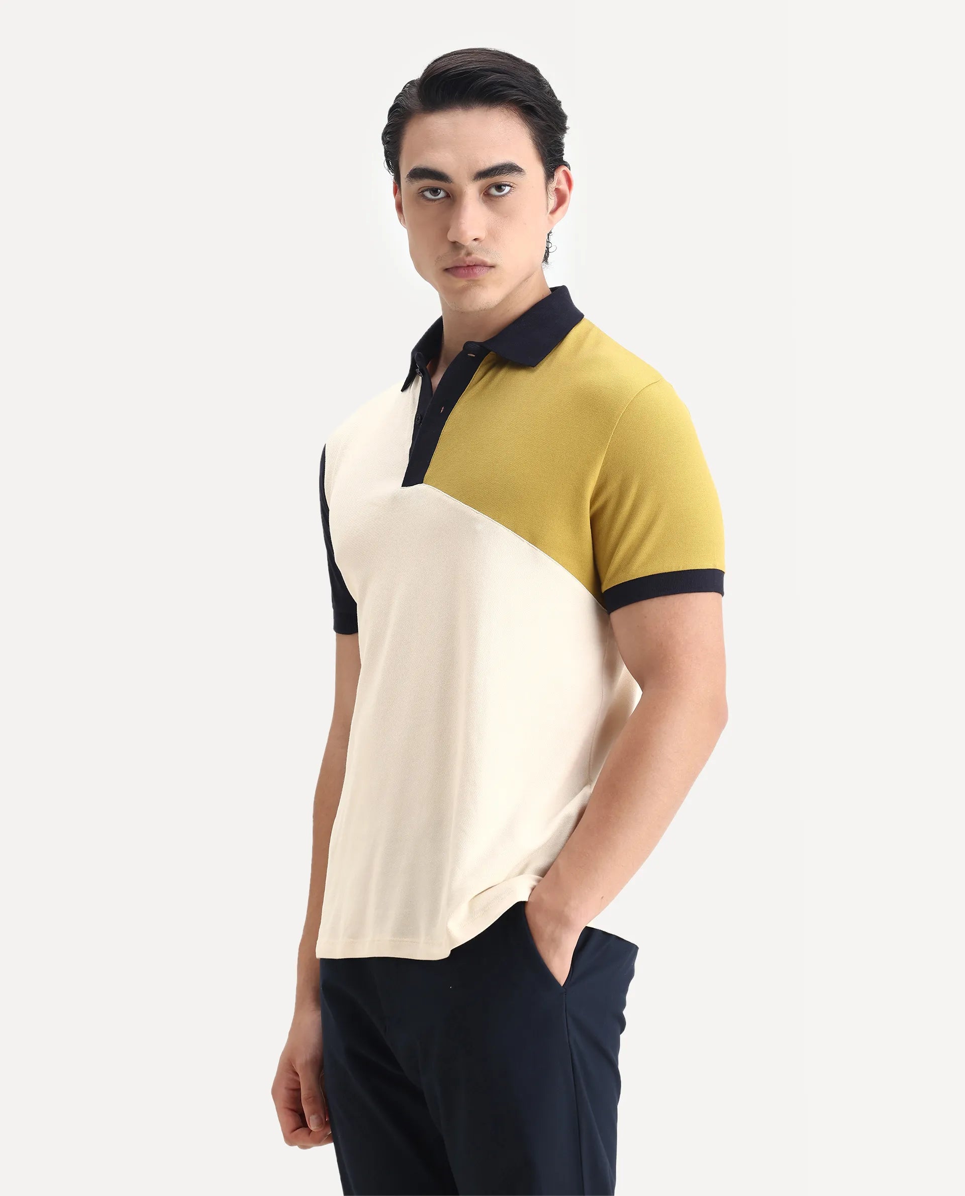 Rare Rabbit Men's Tachou Off White Cotton Ombre Regular Fit Half Sleeve Polo