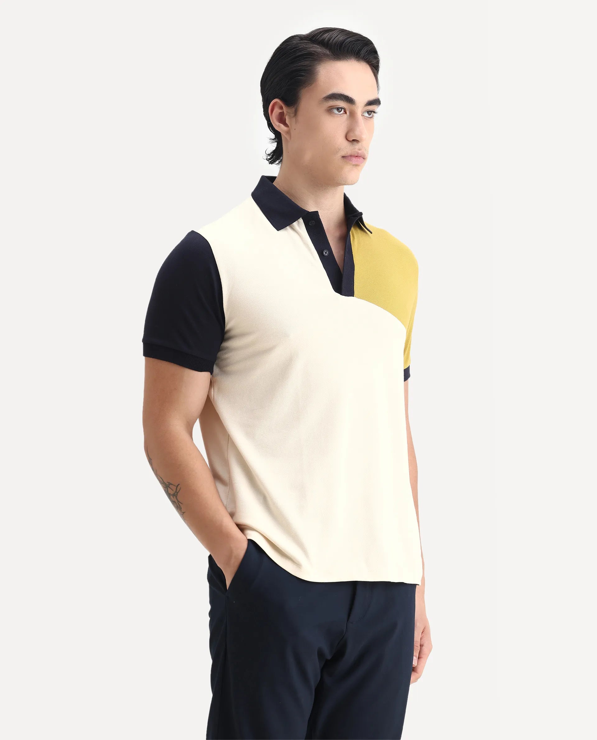 Rare Rabbit Men's Tachou Off White Cotton Ombre Regular Fit Half Sleeve Polo