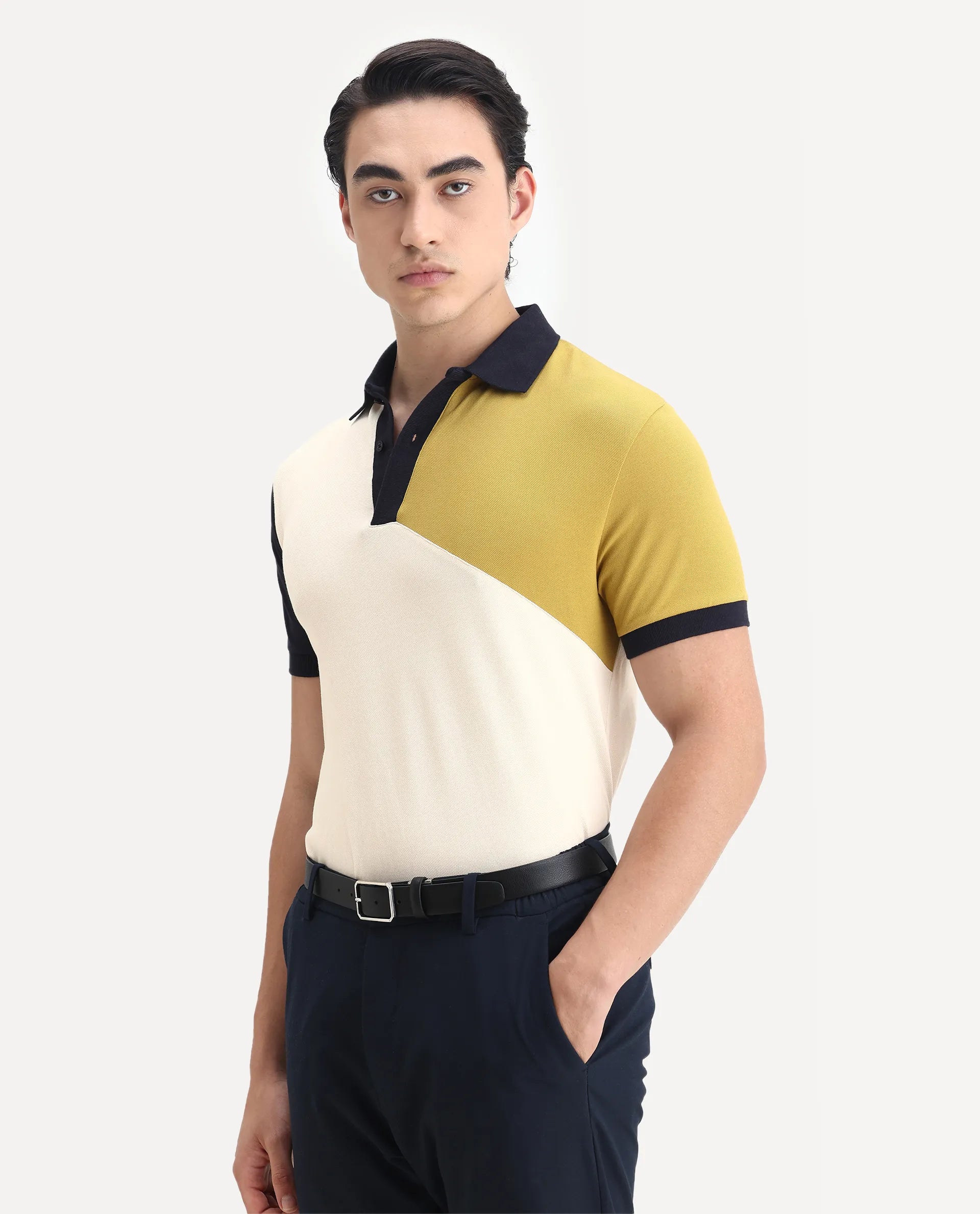Rare Rabbit Men's Tachou Off White Cotton Ombre Regular Fit Half Sleeve Polo