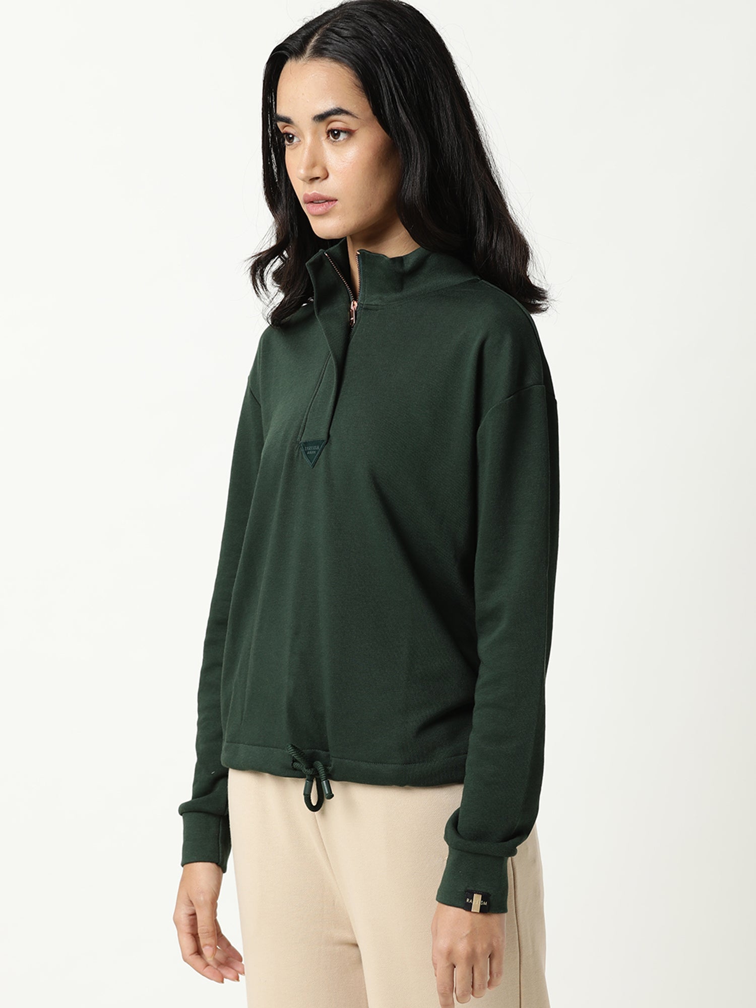 Rareism Women Taffy Green  Relaxed Fit Full Sleeves Solid High Neck Sweatshirt