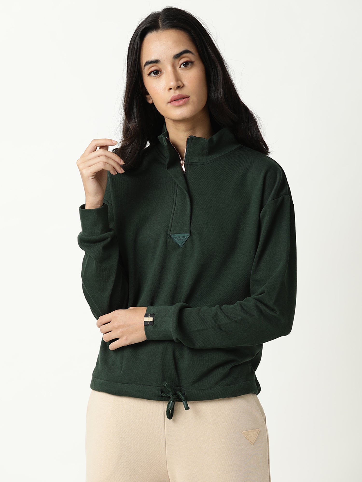 Rareism Women Taffy Green  Relaxed Fit Full Sleeves Solid High Neck Sweatshirt