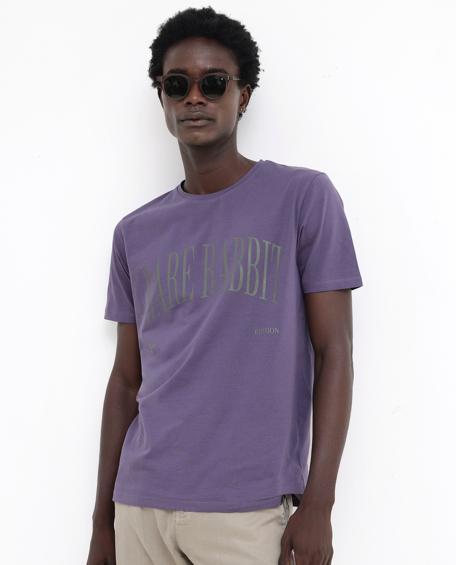 Rare Rabbit Mens Tage Dusky Purple Cotton Lycra Fabric Half Sleeves Graphic Print T-Shirt