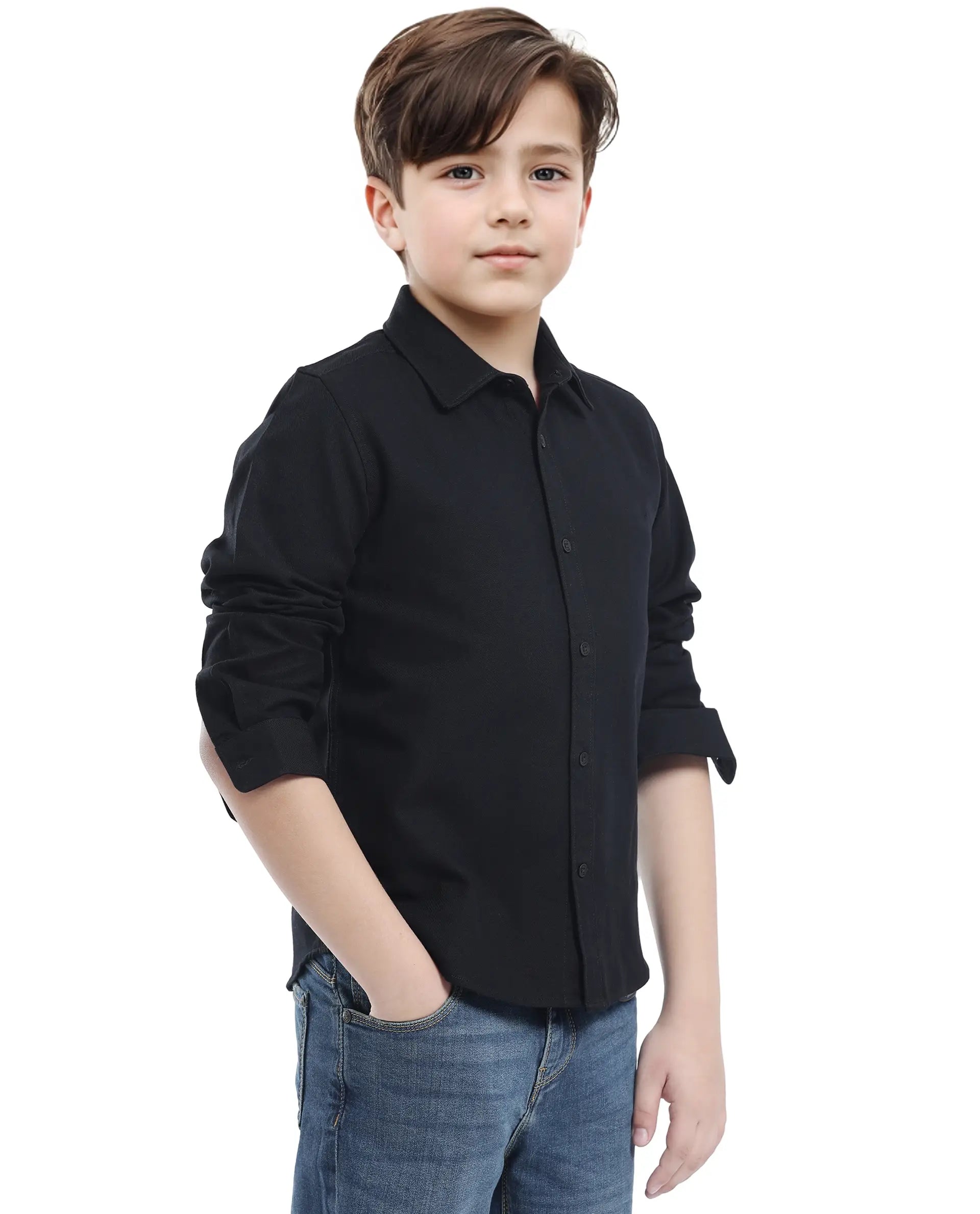 Rare Ones Kids Tago Black Cotton Full Sleeve Button Solid Regular Fit Shirt