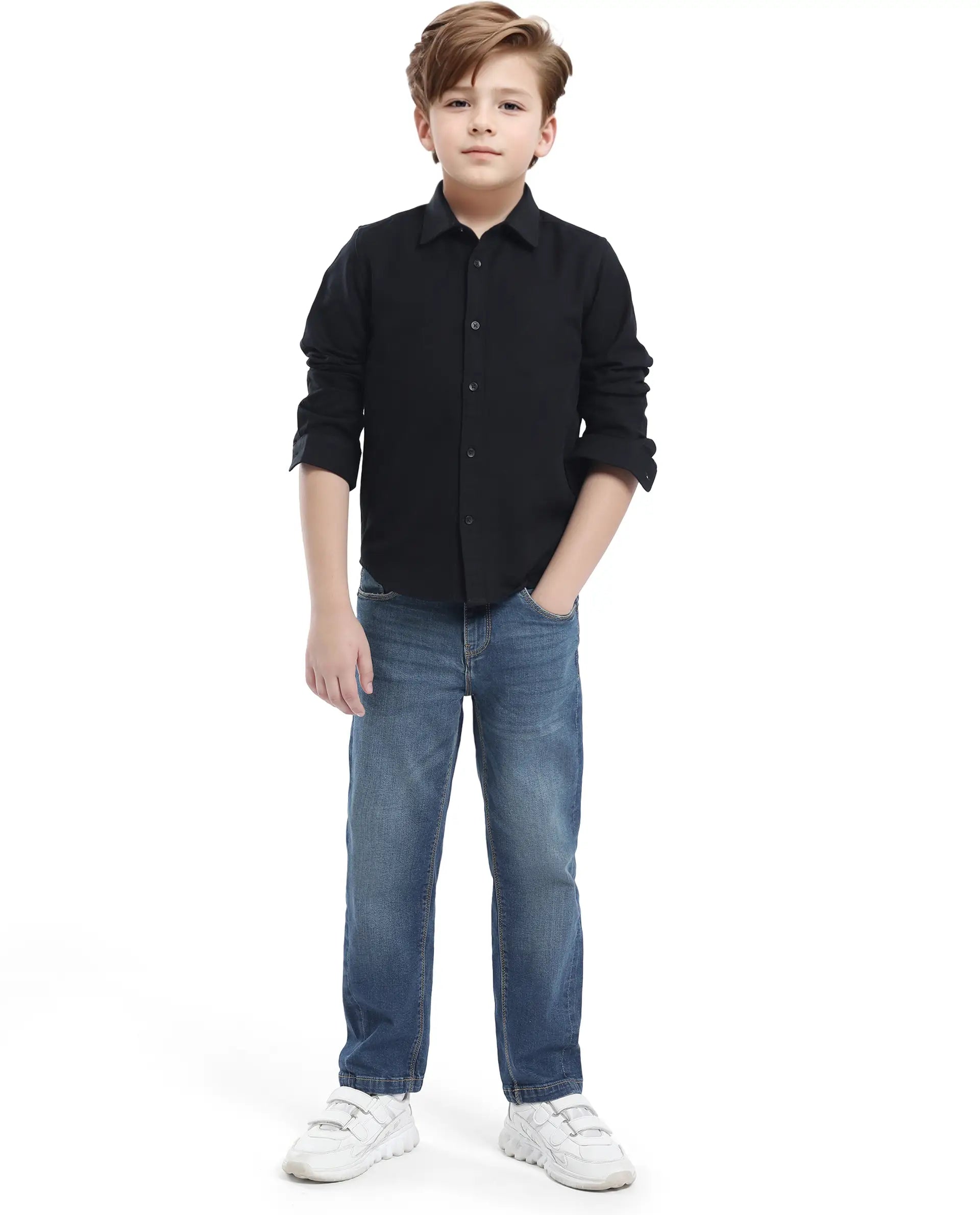Rare Ones Kids Tago Black Cotton Full Sleeve Button Solid Regular Fit Shirt