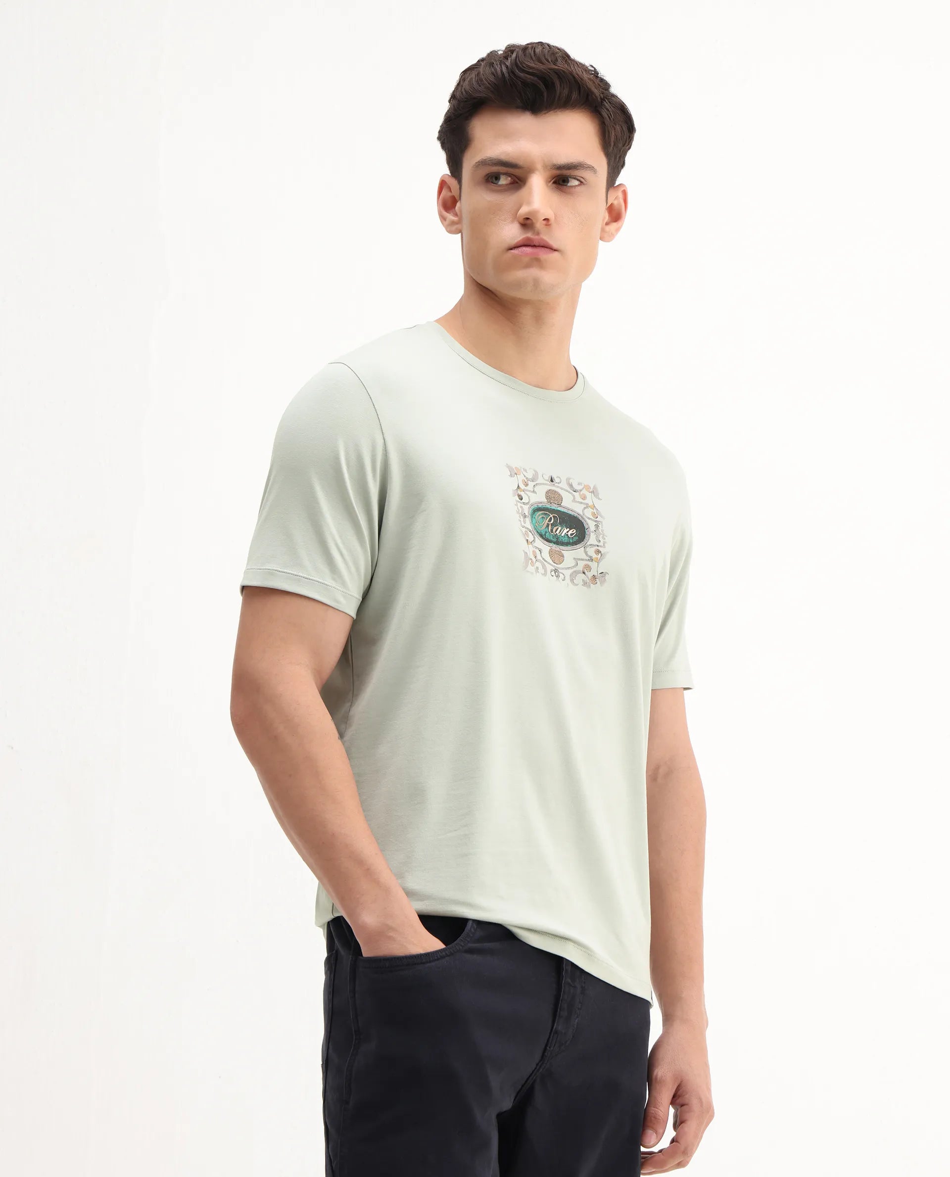 Rare Rabbit Men's Tain Pastel Green Cotton Blend Graphic Print Regular Fit Half Sleeve Crew Neck T-Shirt