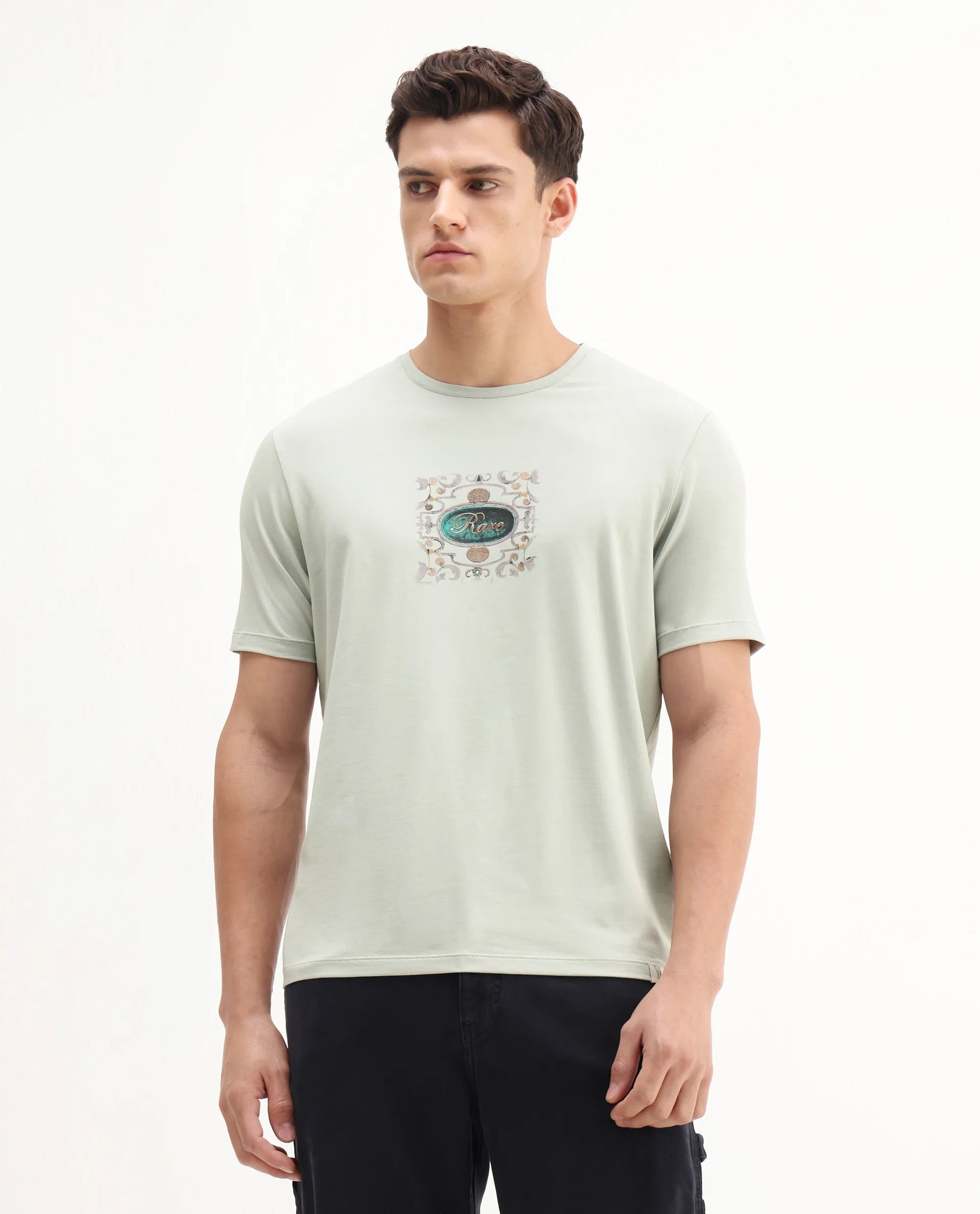 Rare Rabbit Men's Tain Pastel Green Cotton Blend Graphic Print Regular Fit Half Sleeve Crew Neck T-Shirt