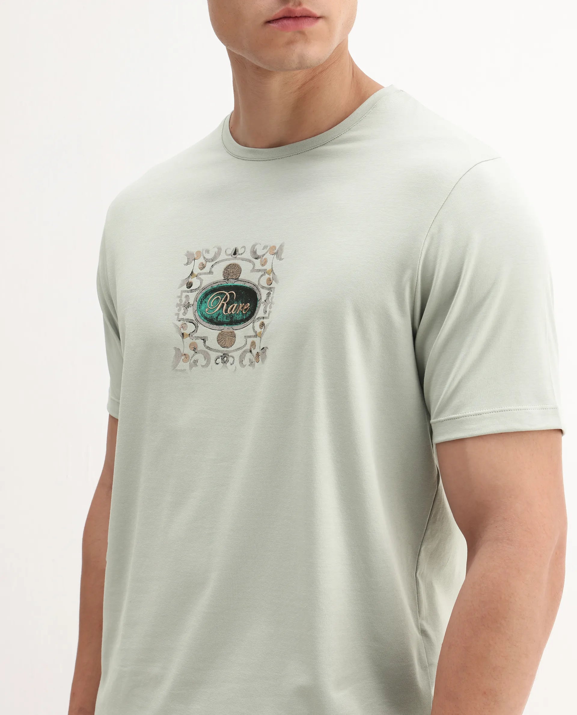 Rare Rabbit Men's Tain Pastel Green Cotton Blend Graphic Print Regular Fit Half Sleeve Crew Neck T-Shirt