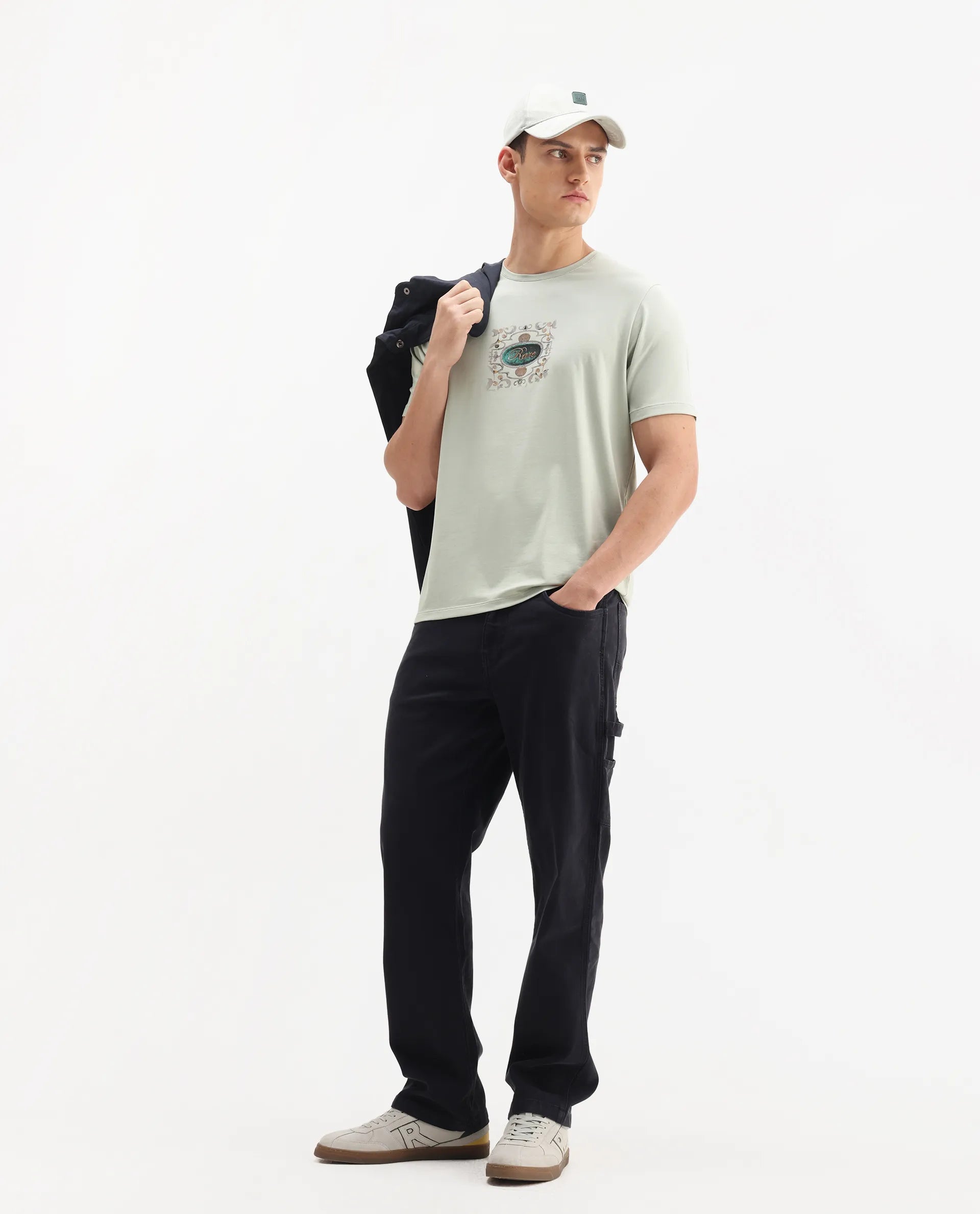 Rare Rabbit Men's Tain Pastel Green Cotton Blend Graphic Print Regular Fit Half Sleeve Crew Neck T-Shirt