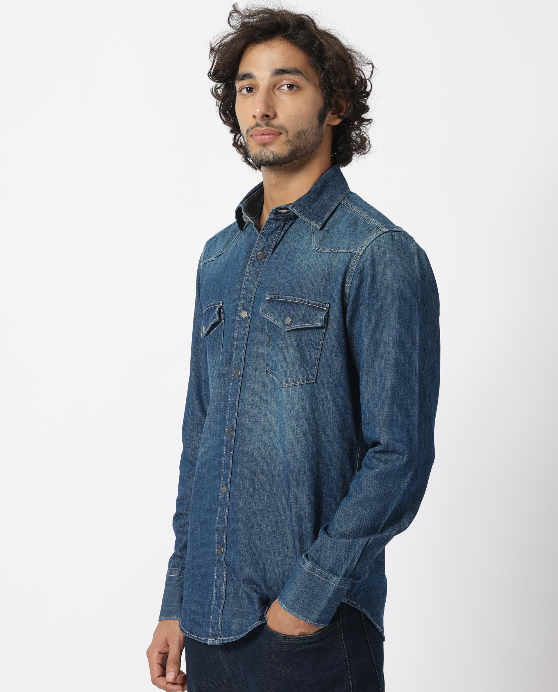 Rare Rabbit Men's Taison Dark Blue Cotton Fabric Full Sleeves Denim Shirt