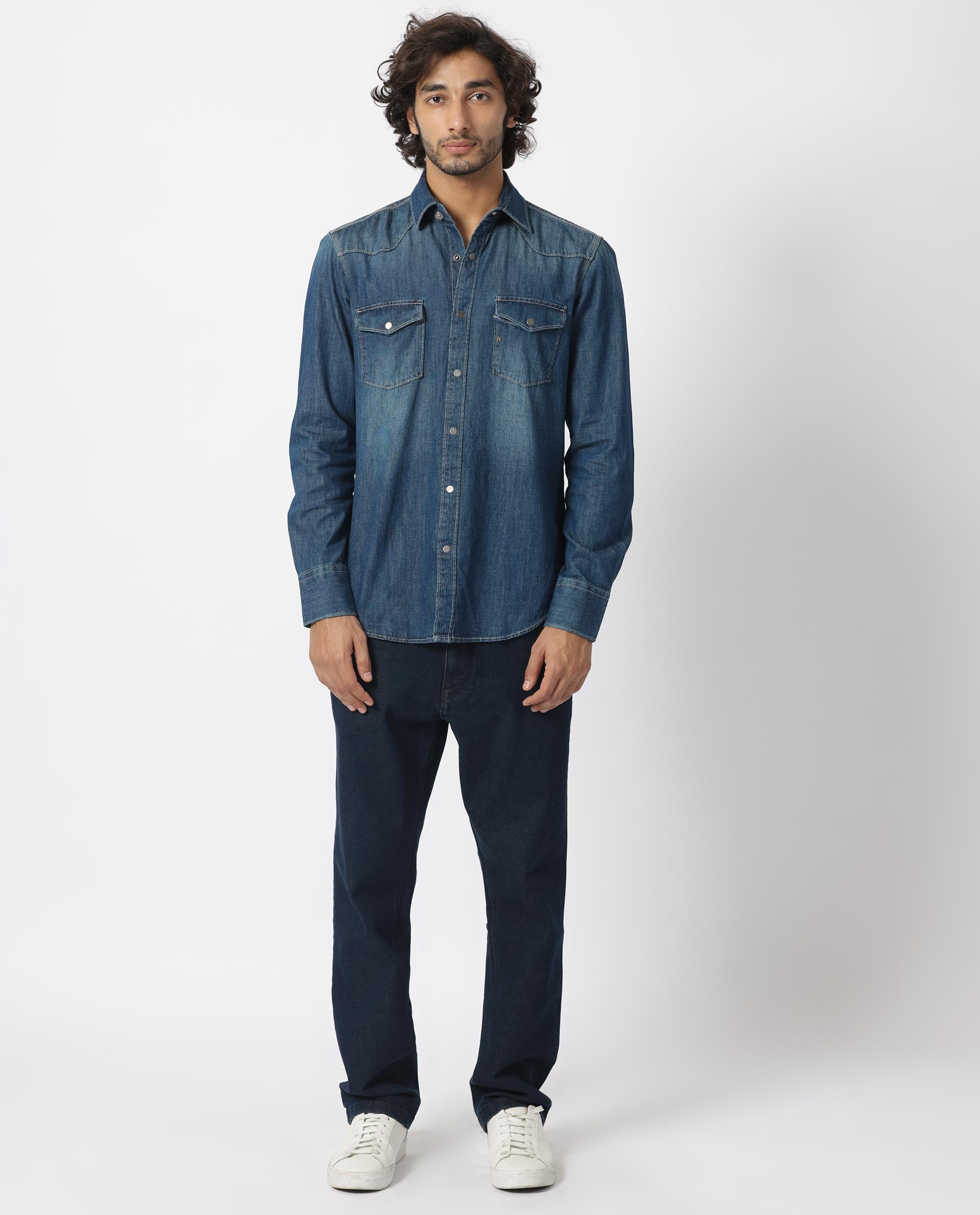 Rare Rabbit Men's Taison Dark Blue Cotton Fabric Full Sleeves Denim Shirt