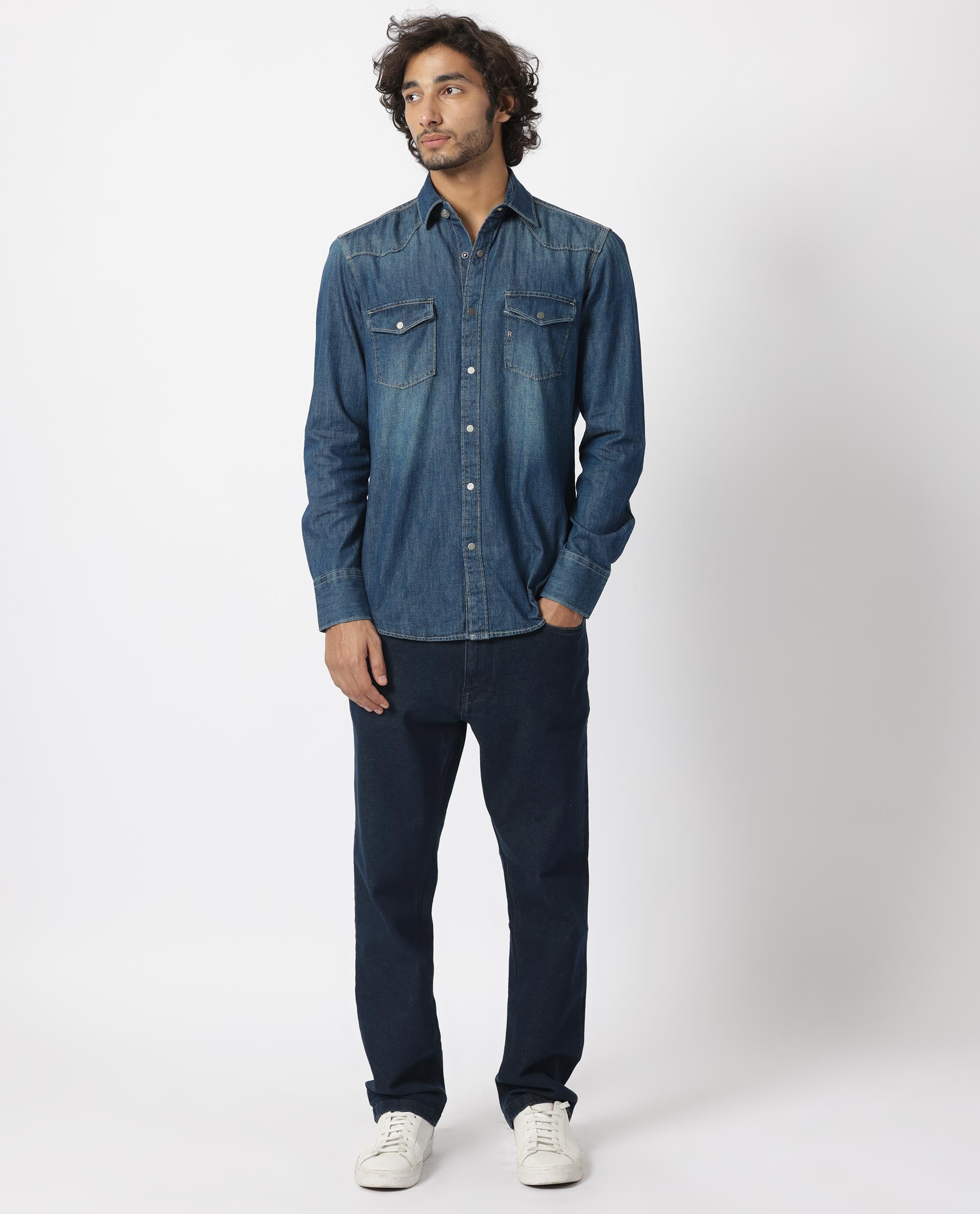 Rare Rabbit Men's Taison Dark Blue Cotton Fabric Full Sleeves Denim Shirt