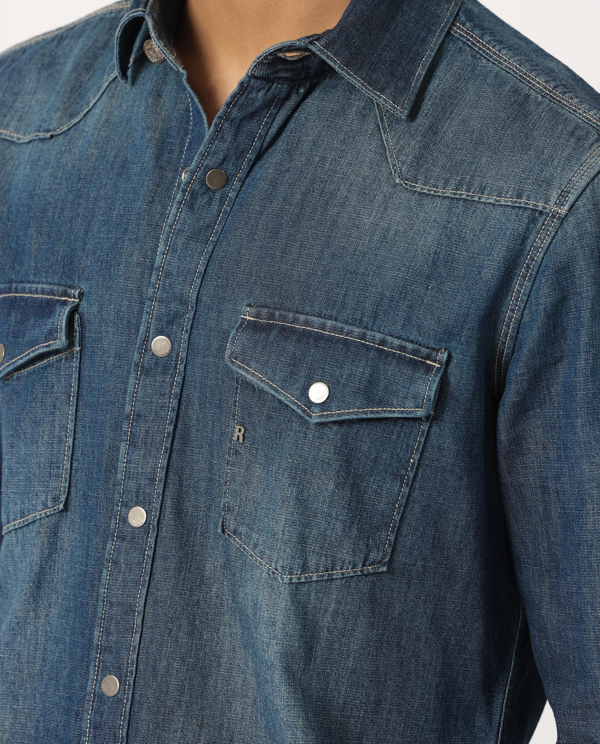 Rare Rabbit Men's Taison Dark Blue Cotton Fabric Full Sleeves Denim Shirt