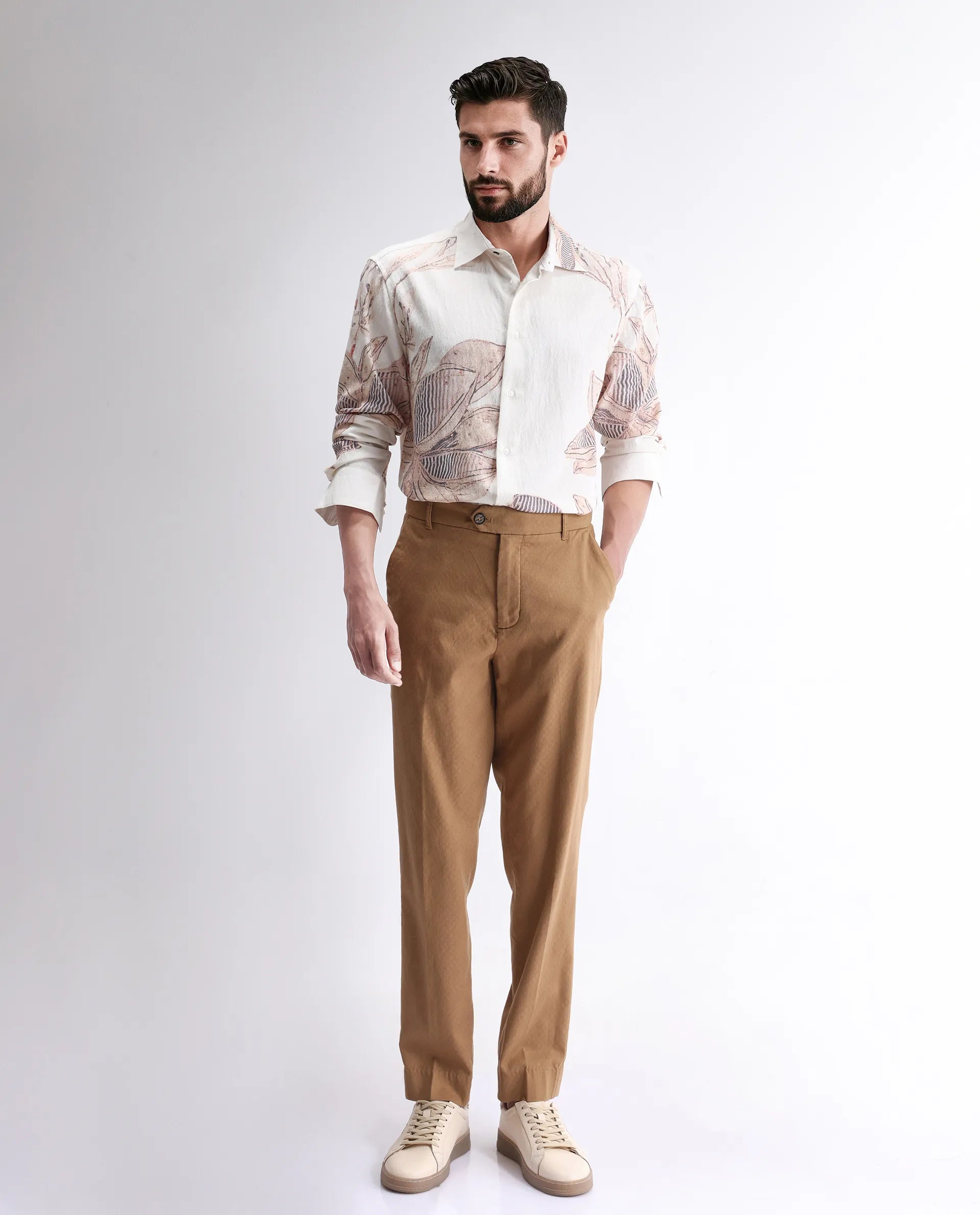 Rare Rabbit Men's Taks White Viscose Blend Floral Print Regular Fit Full Sleeve Collared Shirt