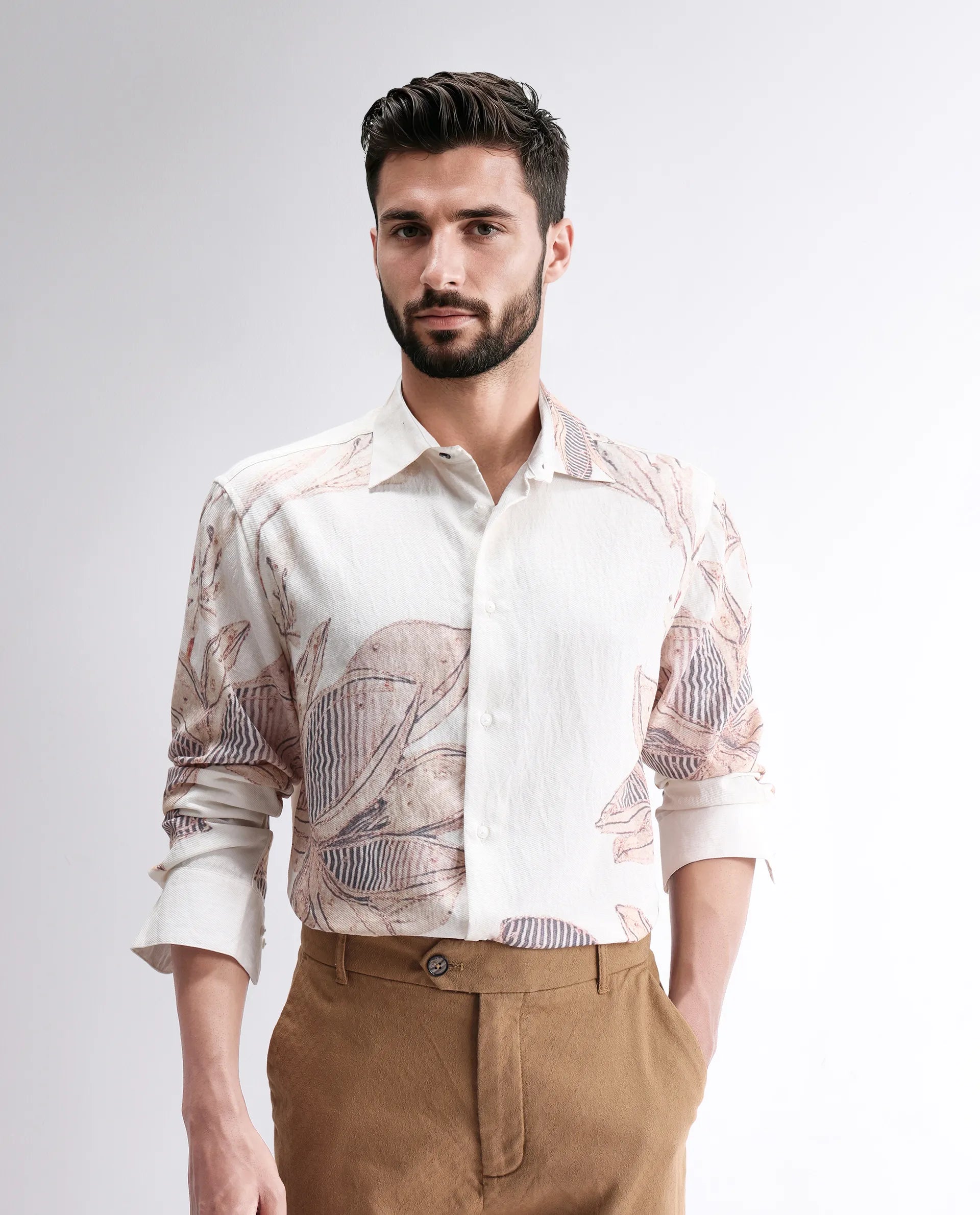 Rare Rabbit Men's Taks White Viscose Blend Floral Print Regular Fit Full Sleeve Collared Shirt