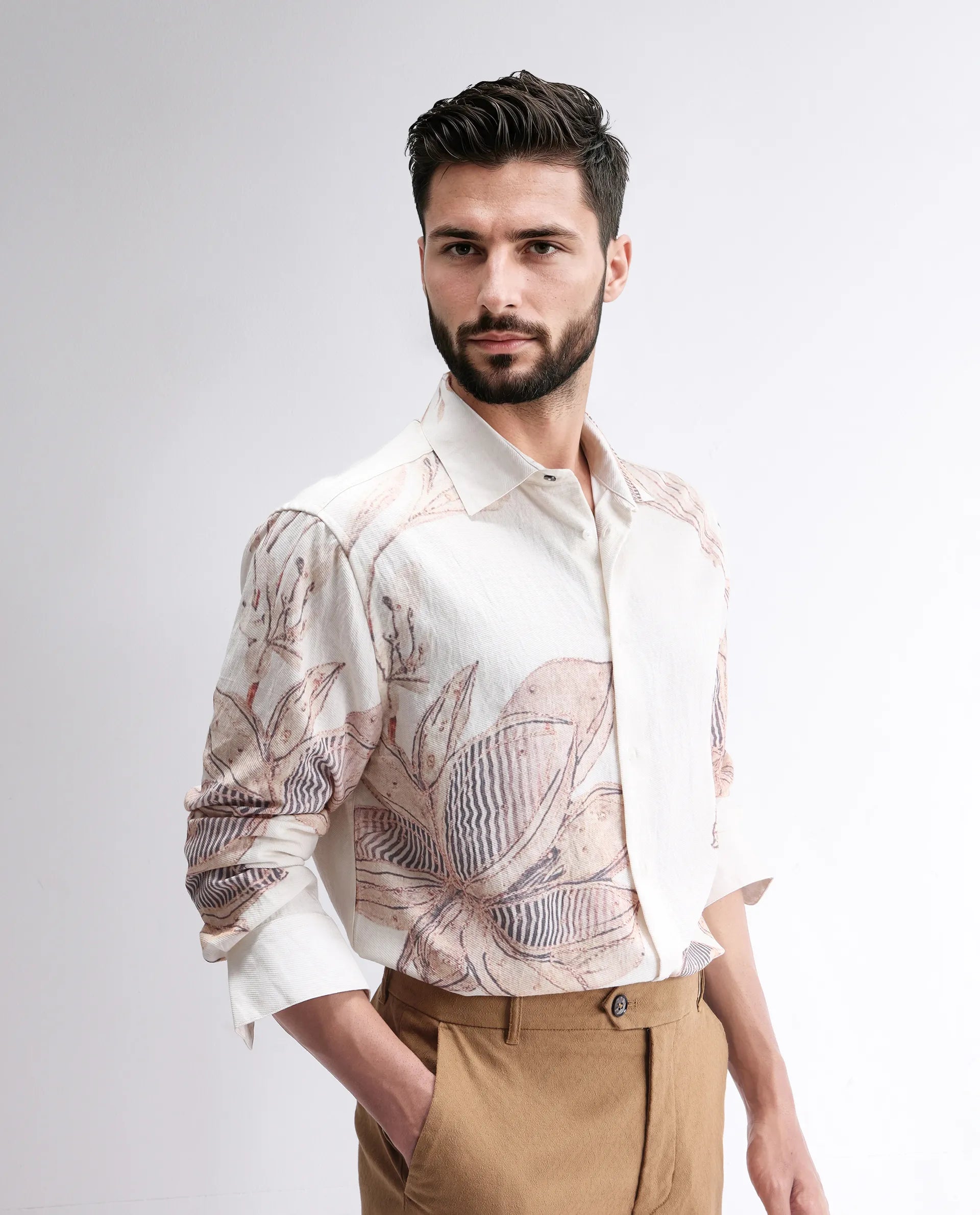 Rare Rabbit Men's Taks White Viscose Blend Floral Print Regular Fit Full Sleeve Collared Shirt